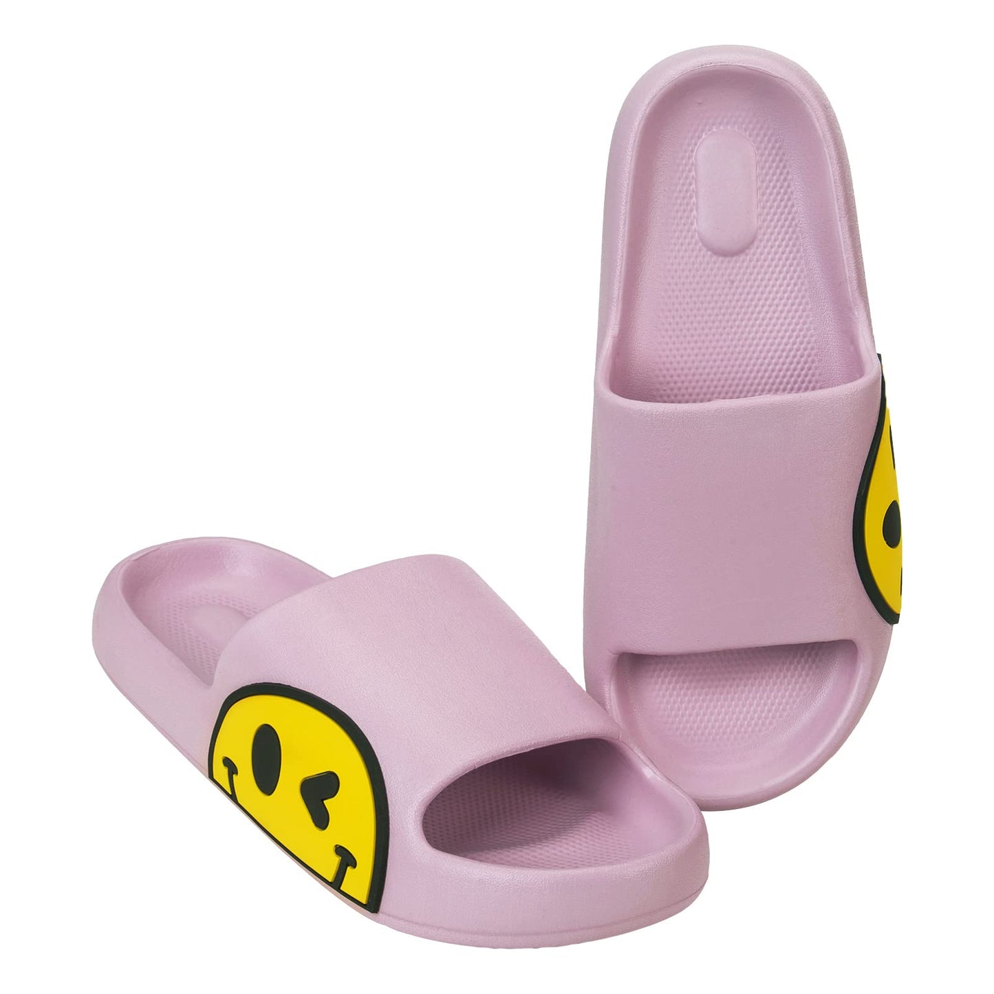 Uonesone Womens Slides,Pillow Slippers Sandals for Men,Unisex Non slip Quick Dry Shower Shoes Indoor Outdoor Open Toe Spa Bath Pool Gym House Casual Massage Smile Face Slippers, Pink, 5-6