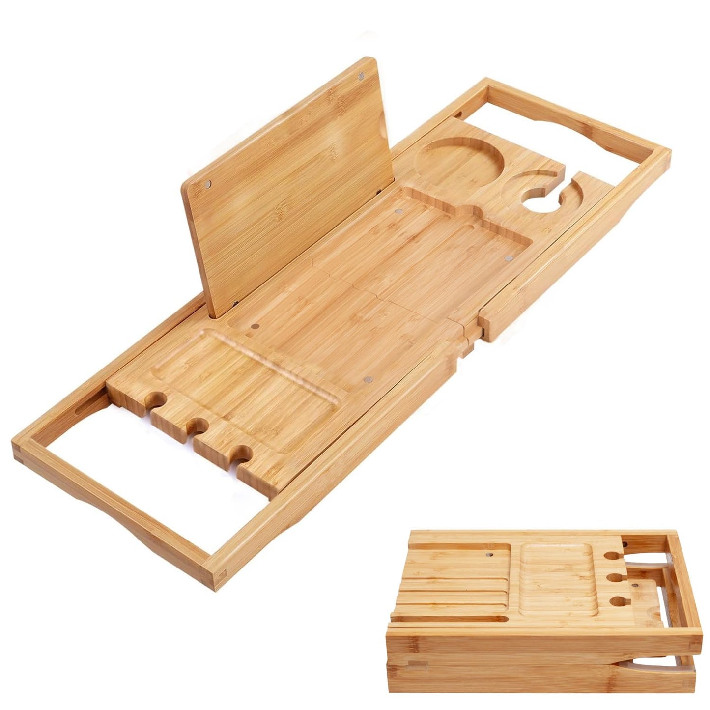 Utoplike Bamboo Bathtub Trays Caddy Bath Tray for Tub, Adjustable Bathroom Bathtub Organizer with Book Tablet Wine Cup Towel Holder, Bathroom Trays
