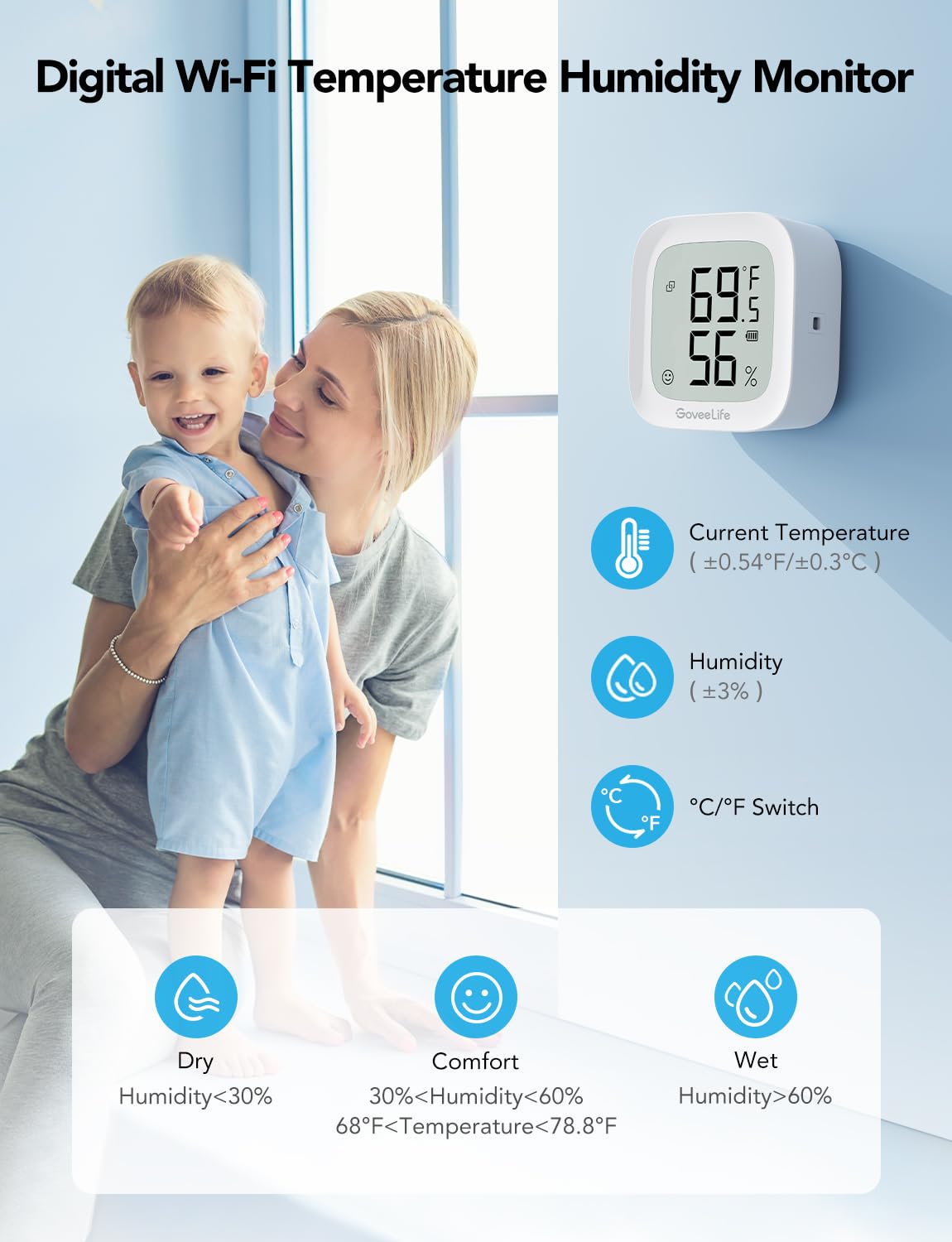 GoveeLife WiFi Thermometer Hygrometer H5103, Indoor Bluetooth Temperature Humidity Sensor with Electronic Ink Display, App Notification Alert, Free Data Storage Export, Digital Remote Monitor for Bedroom