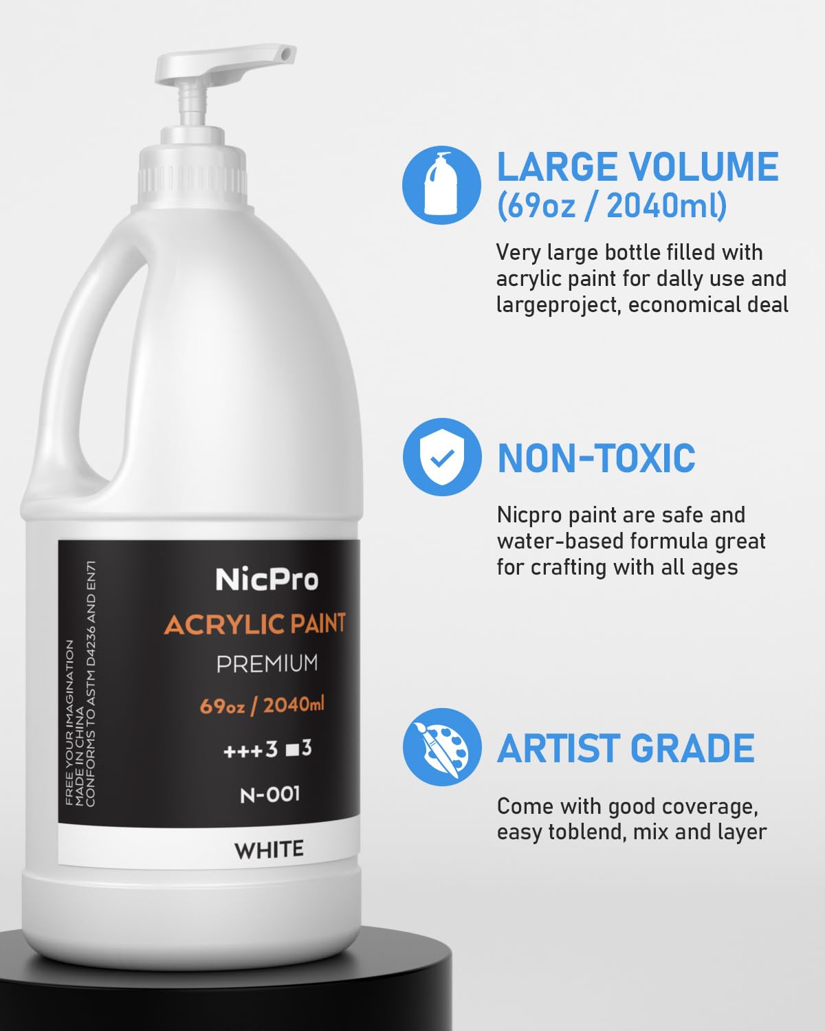 Nicpro White Large Acrylic Paint Set (69 oz, 2040 ml) Rich Art Painting Supplies Non Toxic for Multi Surface, Canvas, Wood, Leather, Fabric Stone Craft, for Beginner & Adult with Pump