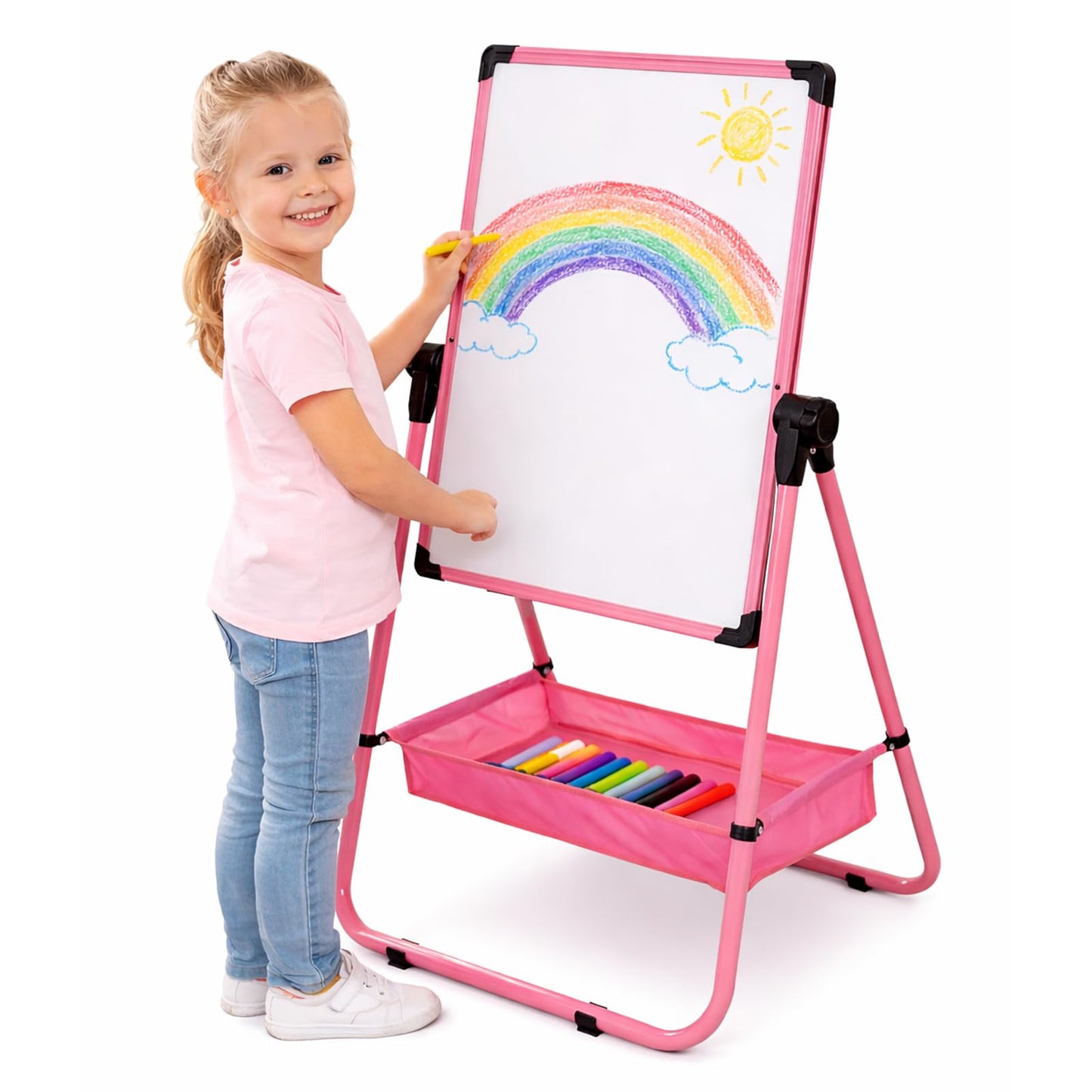 Kids Art Easel Double Sided Whiteboard &Chalkboard Height Adjustable U-Stand 360° Rotating Design (Pink)