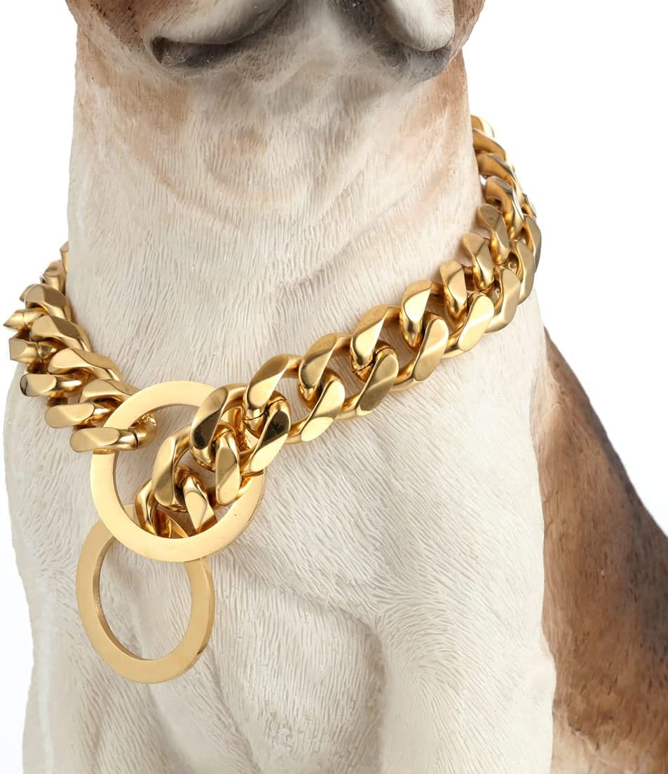 RUMYPET Gold Dog Collar 18K Gold NK P Chain 11MM/15MM/19MM Cuban Link Chain Collar Walking Trainning for Small Medium Large Dogs 12inch to 26inch(15mm,26inch)