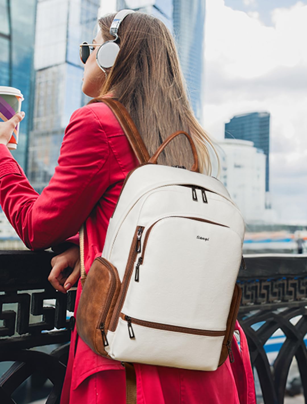 TIAMYI Computer Backpack for Women Soft Vegan Leather Back pack with 16.0 inch Laptop Compartment, Designer Ladies Travel Backpack, Beige