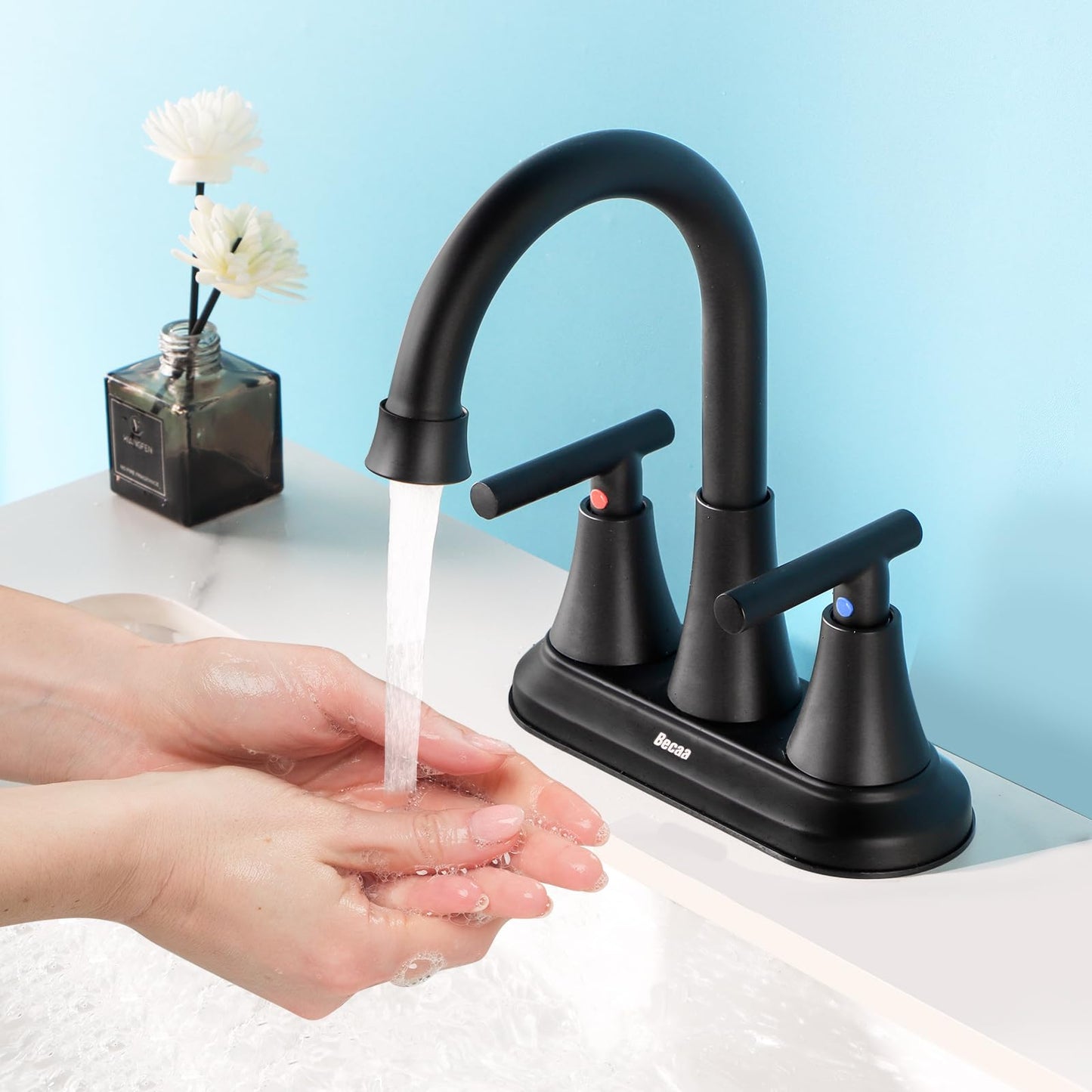 4 Inch Bathroom Faucets for Sink 2-3 Hole, Faucet for Bathroom Sink with Pop-up Drain & Supply Hoses, 2-Handle 360 Swivel Spout Stainless Steel Lead-Free, Centerset Faucet for Bathroom Vanity Lavatory