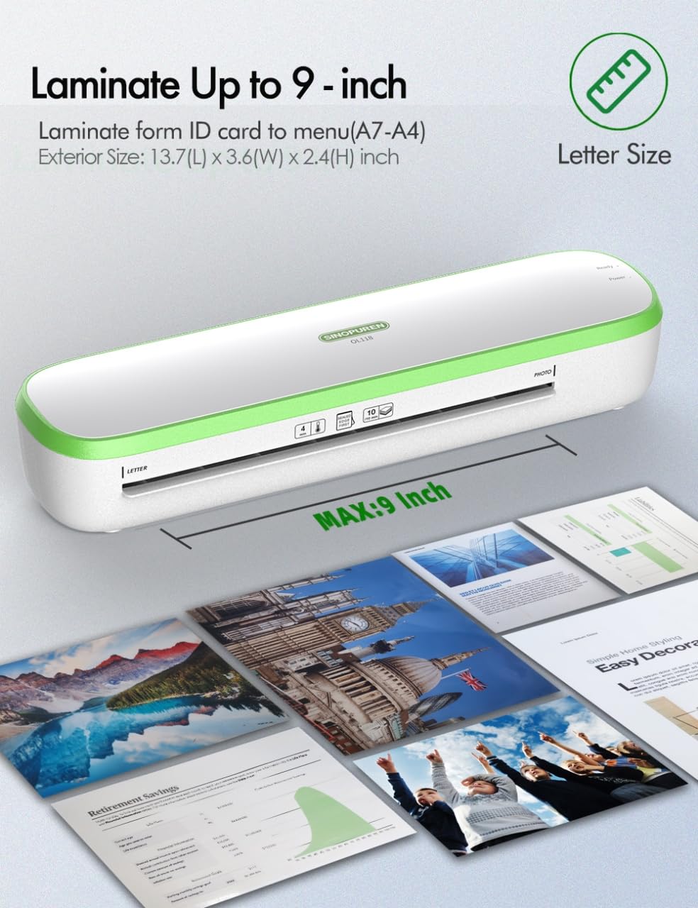 SINOPUREN Laminator Machine 9-Inch Thermal – Fast Warm-Up, Jam-Free, Quiet – Includes Sheets, Cutter & Corner Rounder – for Home, School, Office – Fits A4 & Letter Size – Made for Canada