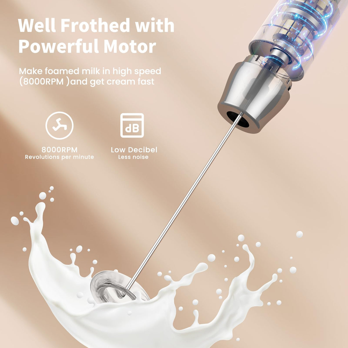 Maestri House Rechargeable Milk Frother, Handheld Electric Foam Maker Waterproof Detachable Stainless Steel Whisk Drink Mixer Foamer with Stand, LunaFro