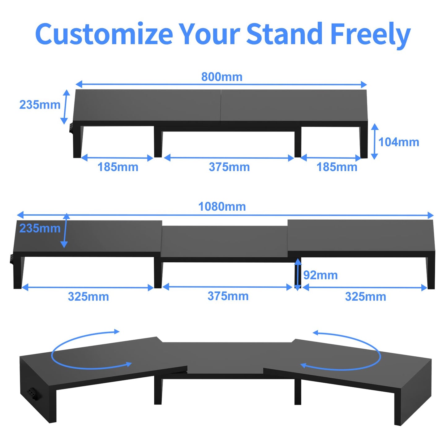 Pholiten Dual Monitor Stand Riser for 2 Screens，Desktop Monitor Stand with Adjustable Length and Swivel Angles, Extra Long Multifunctional Stand up to 48.2" fit Computer Laptop Printer Max 44 lbs