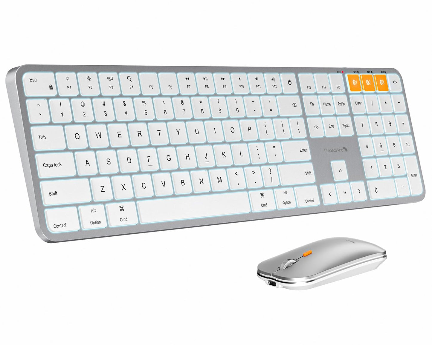 ProtoArc Backlit Bluetooth Keyboard and Mouse for Mac, KM100-A Multi-Device Wireless Keyboard Mouse for Mac, Full Size Rechargeable for MacBook Pro/Air, iMac, iPhone, iPad, White Silver
