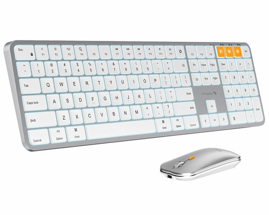 ProtoArc Backlit Bluetooth Keyboard and Mouse for Mac, KM100-A Multi-Device Wireless Keyboard Mouse for Mac, Full Size Rechargeable for MacBook Pro/Air, iMac, iPhone, iPad, White Silver