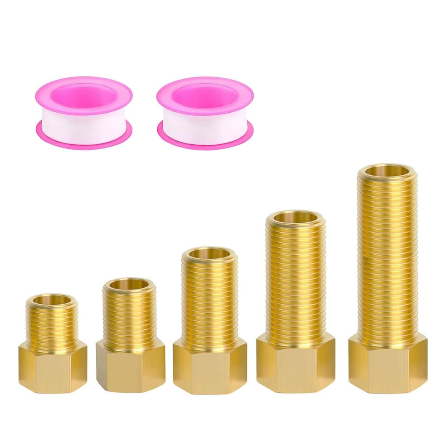 1/2" Brass Pipe Extension Fitting, 1/2" Female to 1/2" Male Pipe Connector Fitting, Brass Hex Bushing Adapter Reducer Adapter for Tub Spout/Shower with Teflon Tape, Length 30/40/50/70/100MM (5PCS)