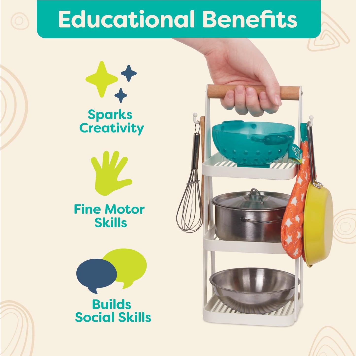 B. Toys – Mini Chef Pot & Pan Playset – Pretend Play Kitchen Accessories – Includes Pot, Pan & Role – Play Cookware – Cooking Toys for Kids – Pretend Play Set – 3+ Years (9 Pieces)