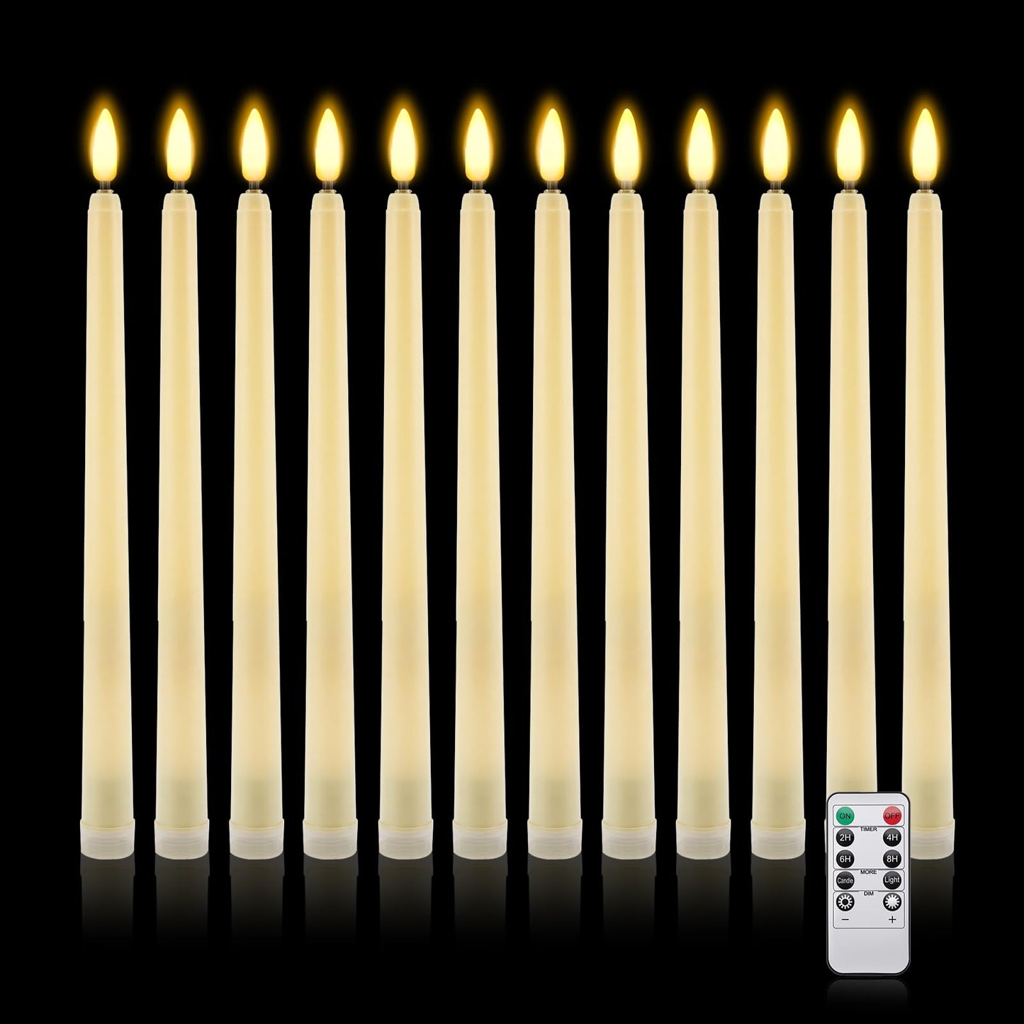 IMAGE Taper Candles, 12 Pcs Battery Operated 3D Wick Ivory Taper Flameless Candles with 10 Keys Remote and Timer, Flickering Flameless with 100M Fishing Line Warm White