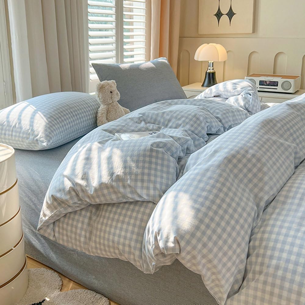 Nayoroom Blue Gingham Duvet Cover Queen Size Plaid Checkered Farmhouse Comforter Cover 3 Pcs Soft Breathable Washed Microfiber Grid Bedding Set with Pillow Shams