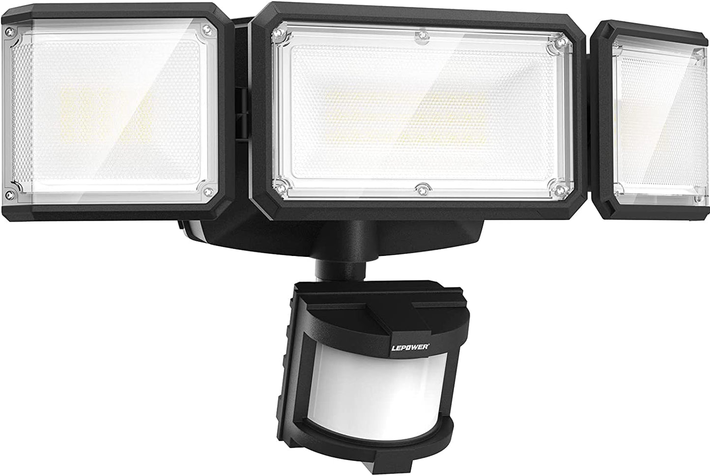 LEPOWER Battery Powered Motion Sensor Security Lights, 5000K LED Flood Light Outdoor,1500LM, IP65 Waterproof,Wireless Battery Operated Flood Light, 3 Head Motion Detector Light for Garage,Yard(Black)