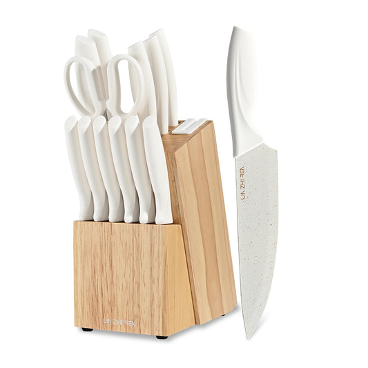 15 Piece Knife Set，Kitchen Knife Block Set，White Stainless Steel Knife Set with Sharpener for Chopping, Slicing, Dicing & Cutting，Dishwasher Safe