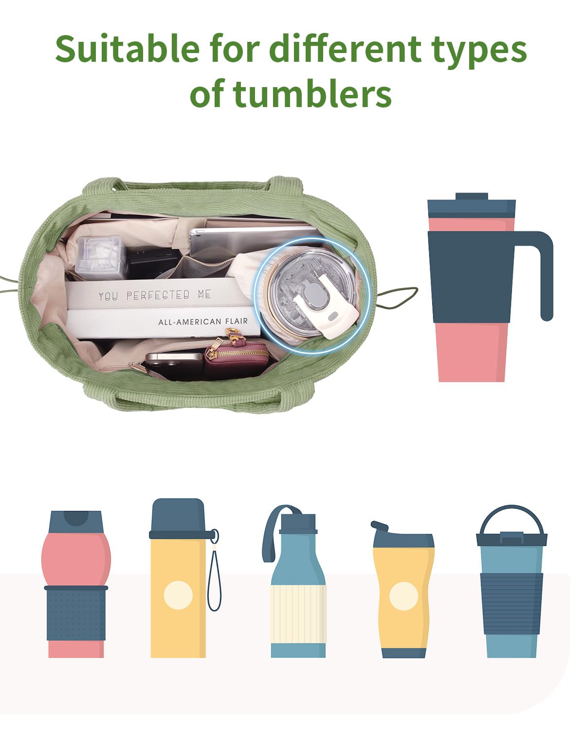 ECOHUB Tote Bag for Women, Work Tote Bags with Laptop Compartment, Large Corduroy Tote Bag with Stanley Cup Holder, Shoulder Bag Handbag for Travel Weekend Gym Green
