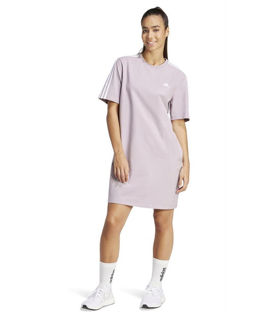 adidas Womens Essentials 3-Stripes Single Jersey Boyfriend T-Shirt Dress,Preloved Fig,X-Small