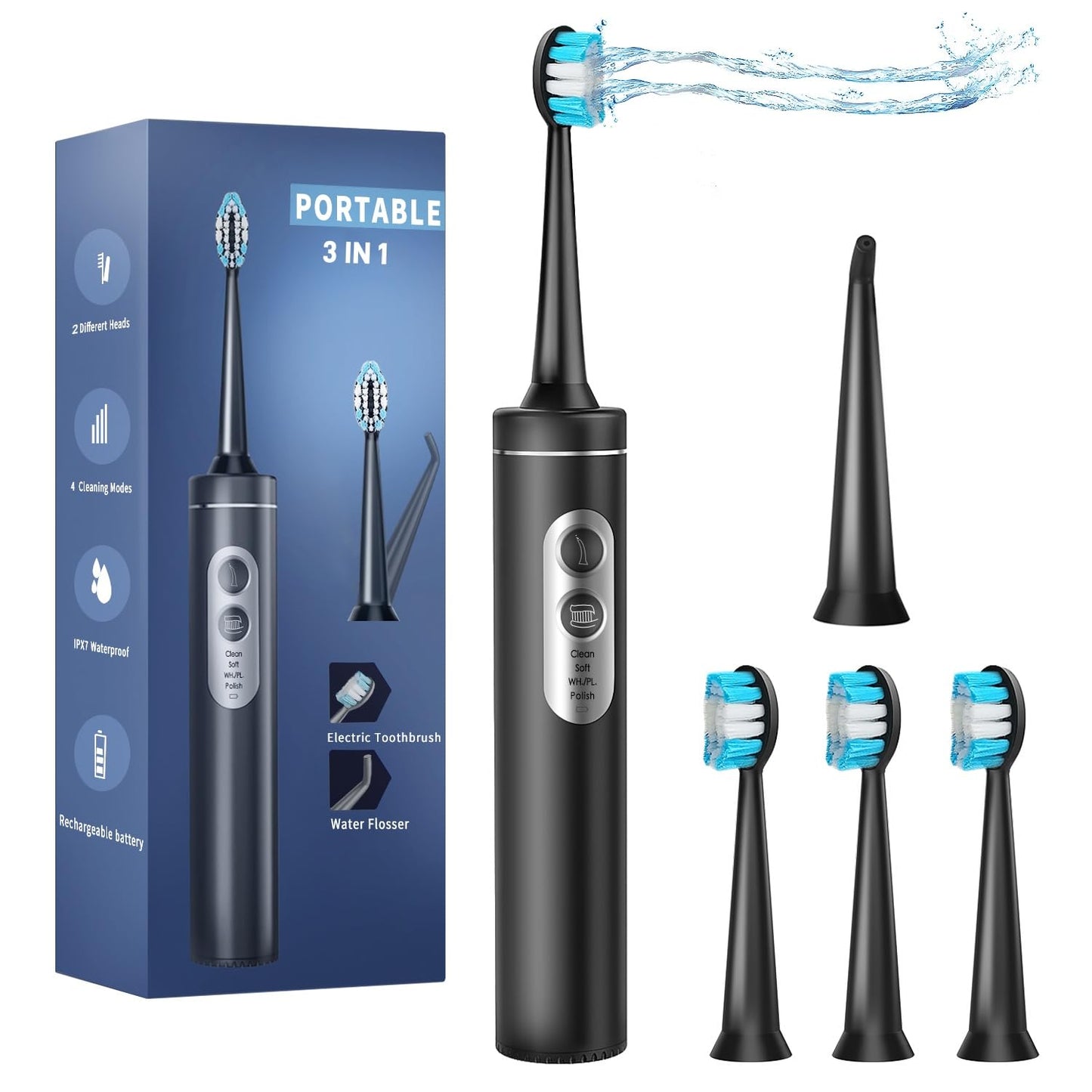 3 in 1 Electric Toothbrush With Water Flosser Combo - 4 Modes for Adults, Portable for Travel and Home