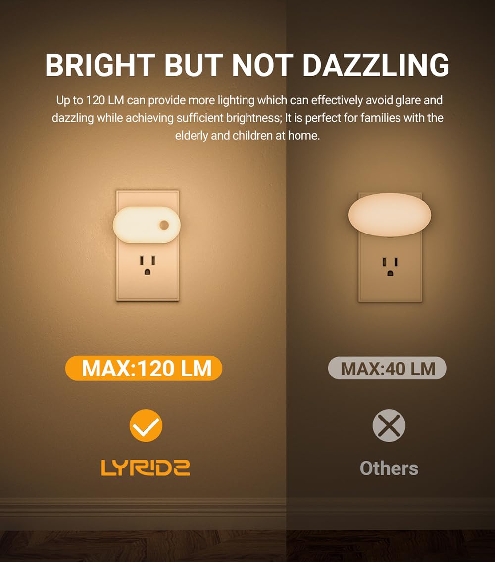 Lyridz Motion Sensor Night Light, Superior Bright 1-120LM Plug-in Nightlight Smart Warm White LED Light with Stepless Adjustable Brightness for Bedroom, Kitchen, Stairs, Hallway, 6 Pack