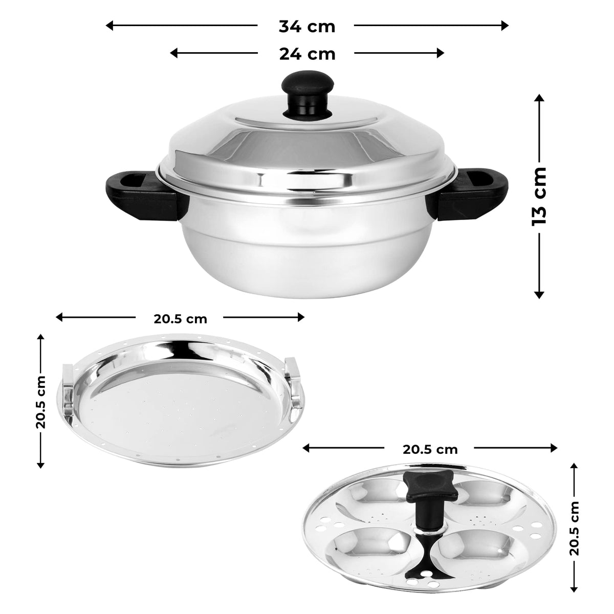 KSJONE Stainless Steel 4 pcs Multi Kadai (Induction Friendly) with Stainless Steel lid, 2 idli Plates (8 Idlis), 1 patra Plate, Silver