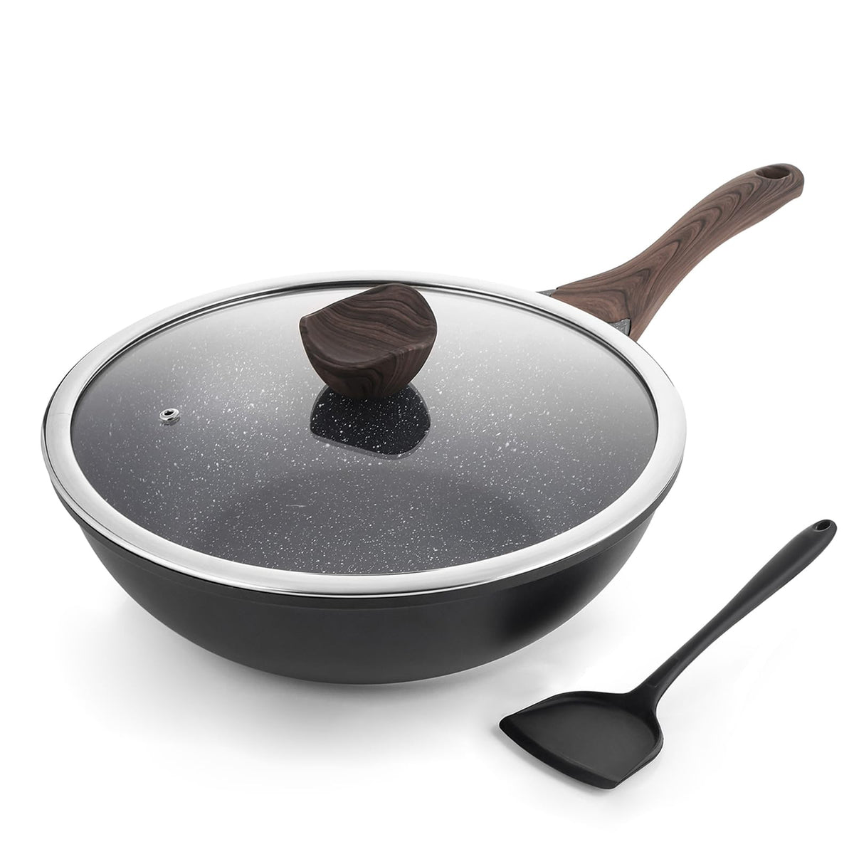 Kordisen Wok 30 cm, Induction Wok with Lid, Non-stick Stone Coating, Suitable for All Frying Pans, PFOA Free