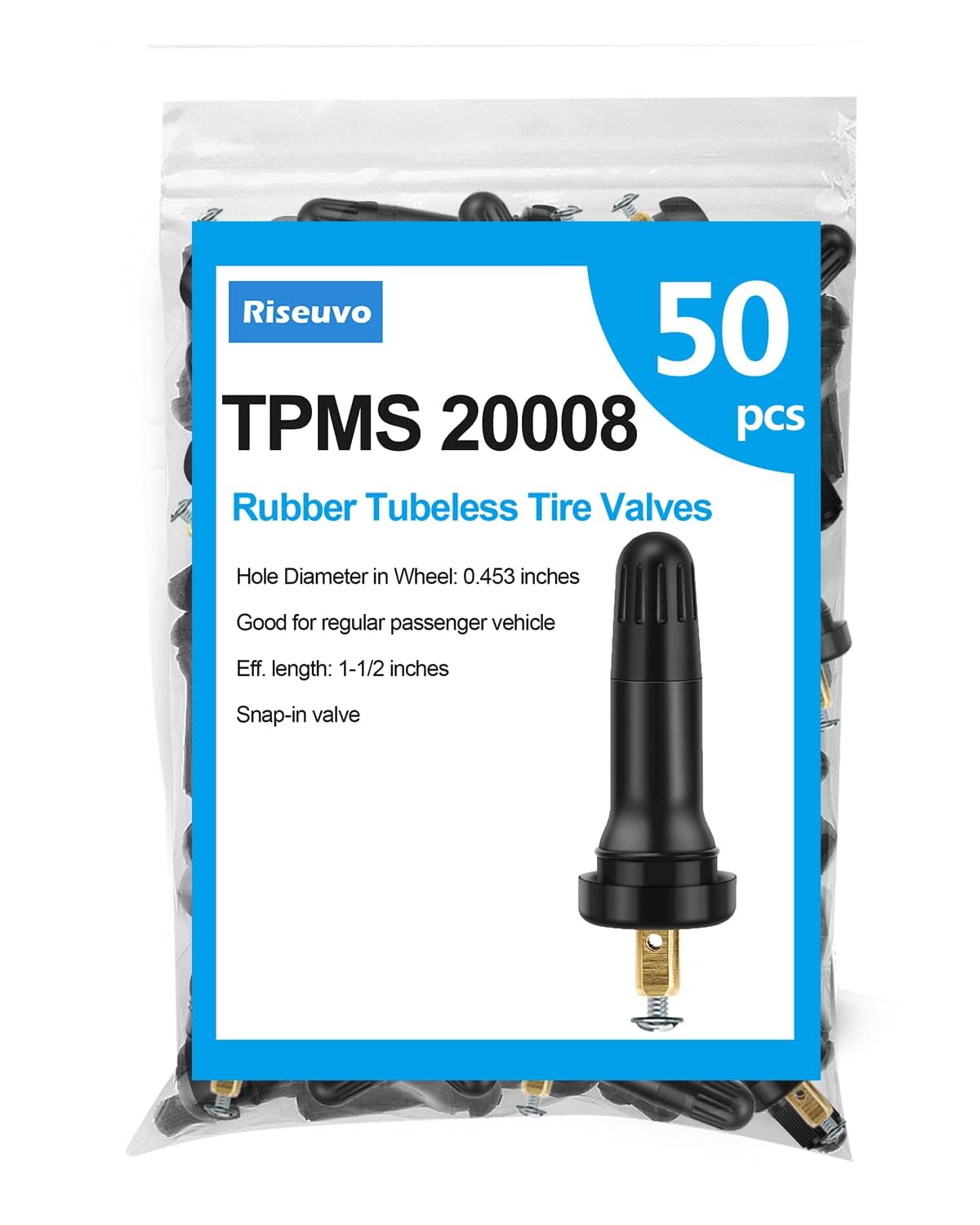 Riseuvo 50 Pcs TPMS 20008 Rubber Valve Stems - Snap-in Replacement for TPMS Sensors, Fits 0.453" Rim Hole for Cars, Trucks, SUVs