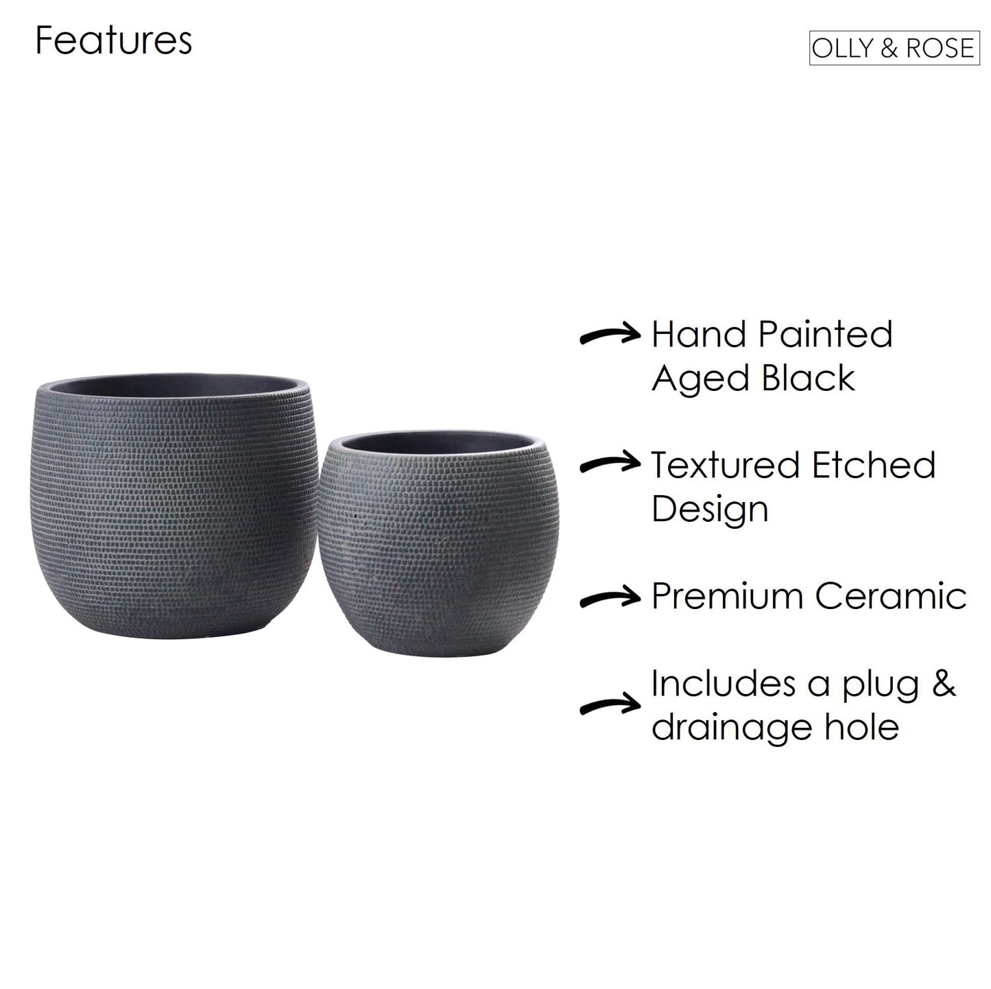 Barcelona Ceramic Plant Pot Set 2 - Charcoal Black