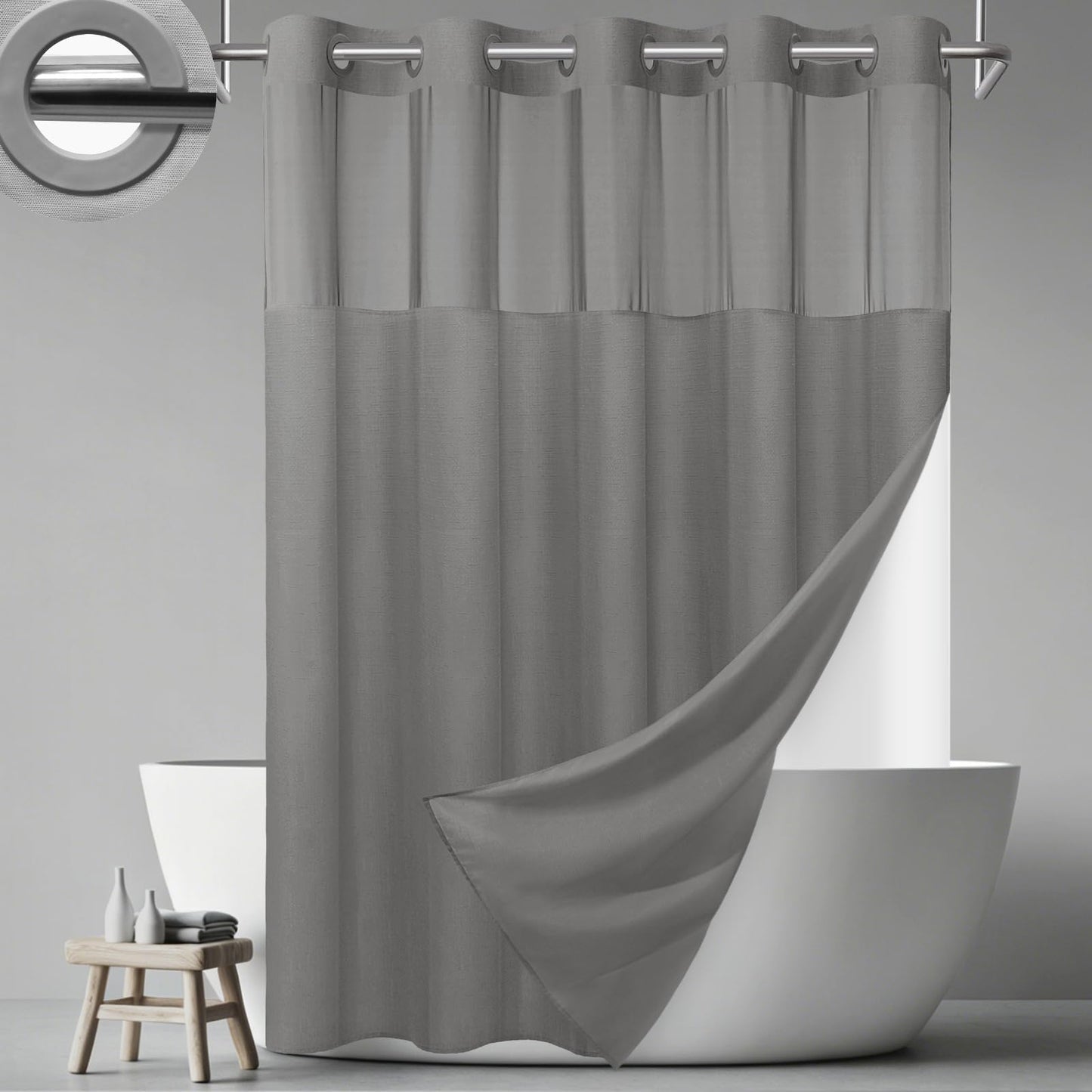No Hook Slub Textured Shower Curtain with Snap in Liner - Fabric Outer Curtain & Waterproof Inner Liner, Hotel Style with See Through Top Window, Grey, 71" W x 74" L