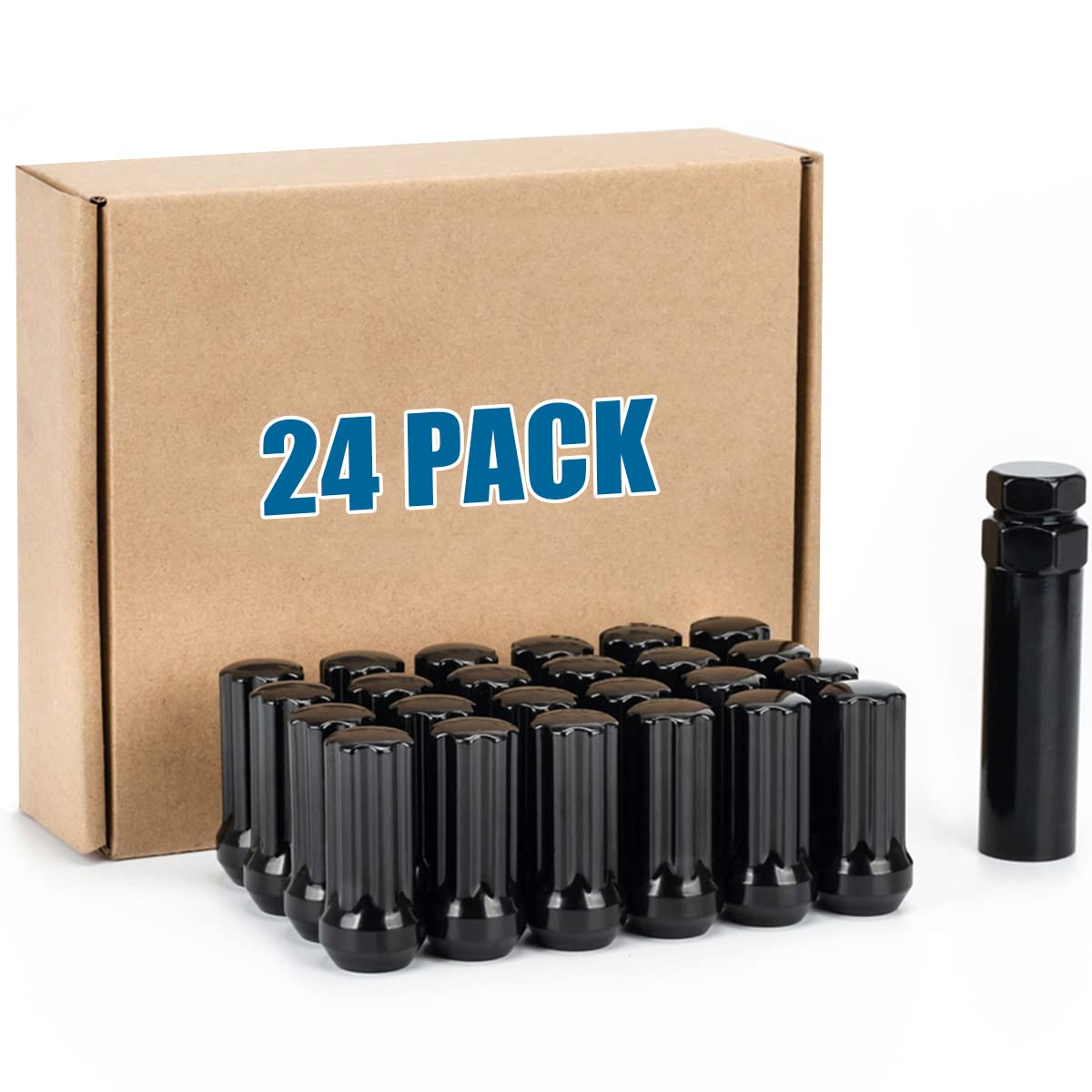 JiiinMiiin 24pcs M14x1.5 Lug Nuts Black with 7 Spline Tuner, 14x1.5 Locking Lugnuts 2 inch Length with 1 Socket Key, Fits Chevy GMC Cadillac Lincoln SAAB Saturn