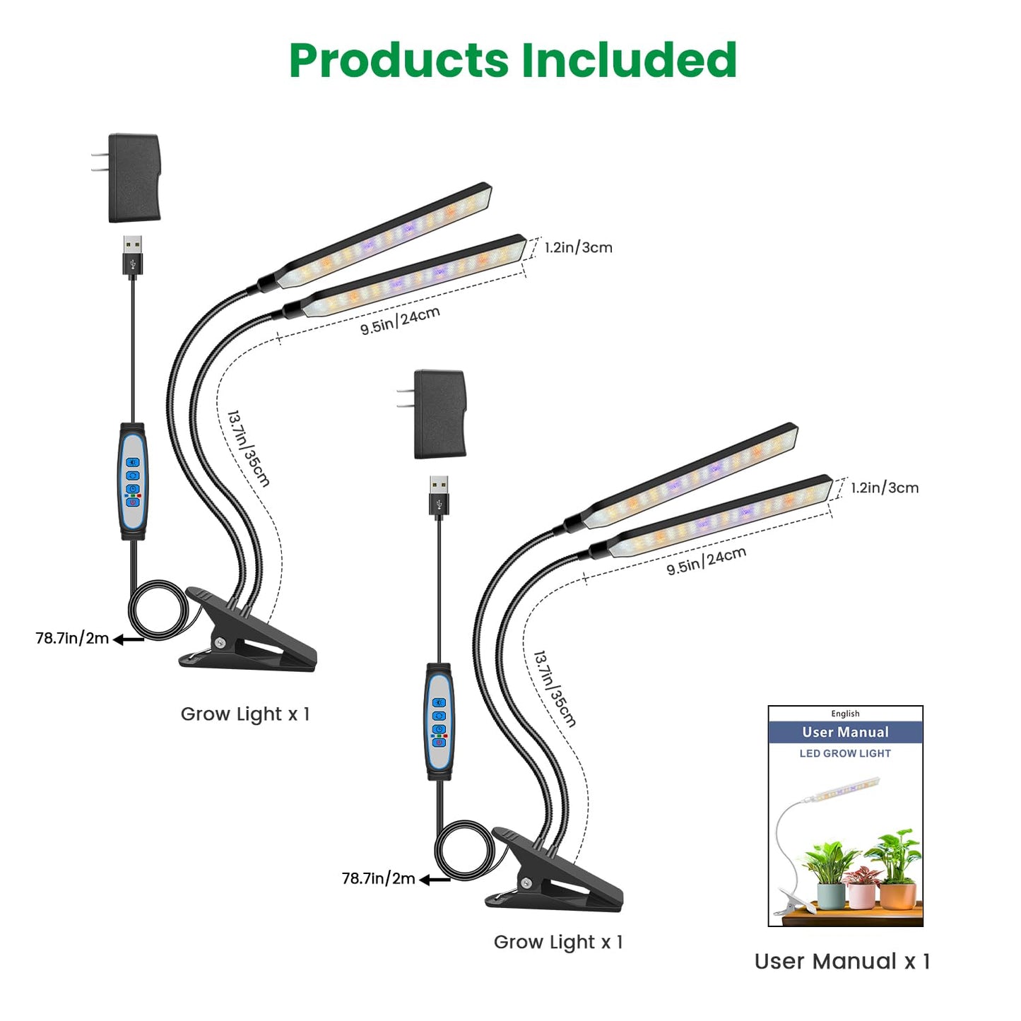 Aumtrly Grow Light Clip on 2 Pack, 228 LED Full Spectrum Plant Lights for Indoor Growing, 2 Head Black Arm Grow Lamp with Gooseneck, 6/12/16H Timer, 5 Dimming, 3 Light Modes