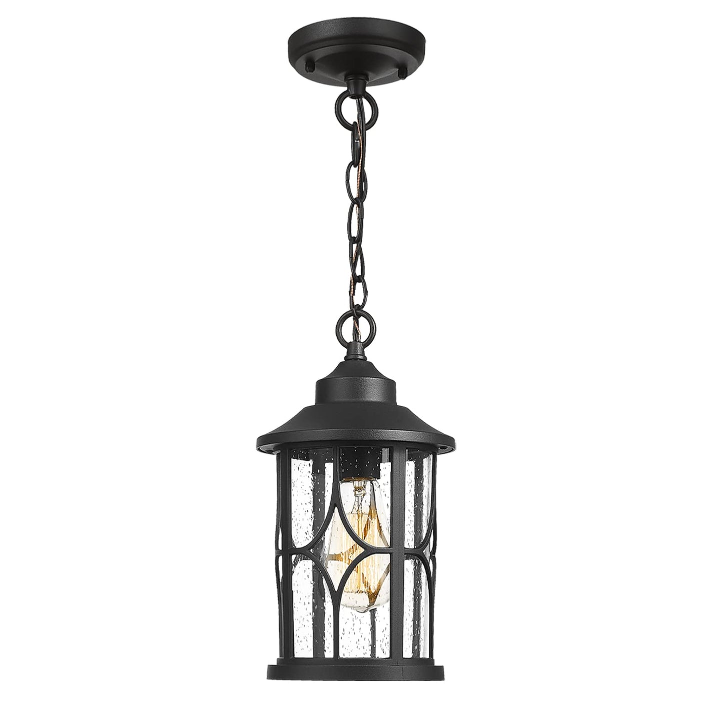Zeyu Outdoor Pendant Light for Porch - 12 Inch Farmhouse Exterior Hanging Lantern with Seeded Glass, Black Finish, ZX48H BK