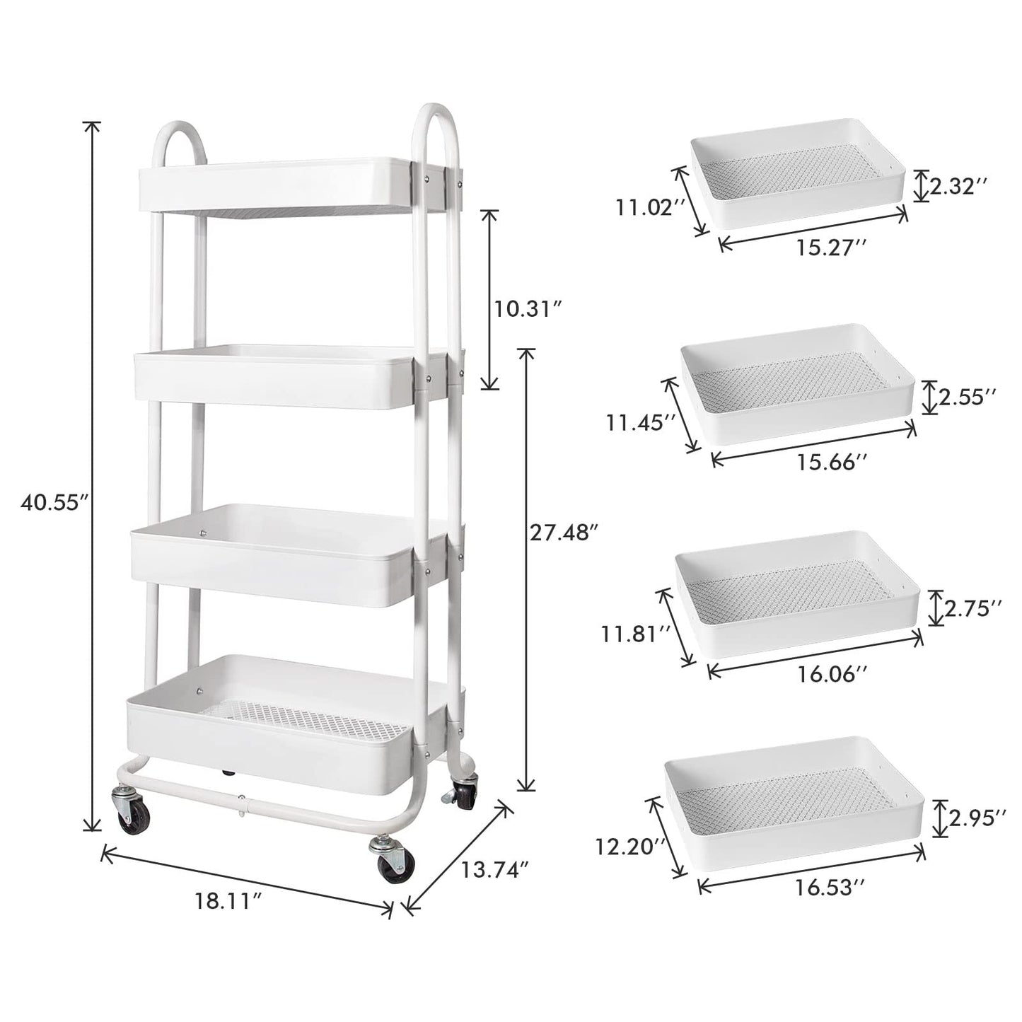 elabo 4-Tier Metal Mesh Utility Rolling Cart, Storage Organizer Trolley Services Cart with Lockable Wheels for Kitchen, Bathroom, Living Room (White)