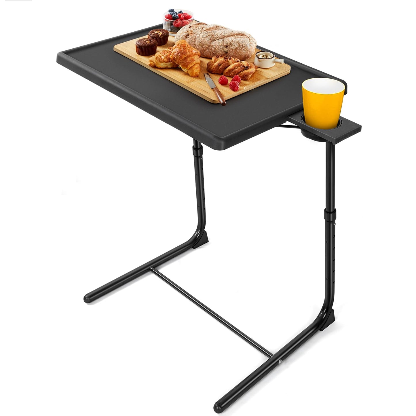 LORYERGO TV Table - TV Dinner Tray，Foldable Couch Table, Food Tray Tables with 6 Height & 3 Tilt Angle, Trays for Eating with Cup Holder, Folding Table for Bed & Sofa (Black)