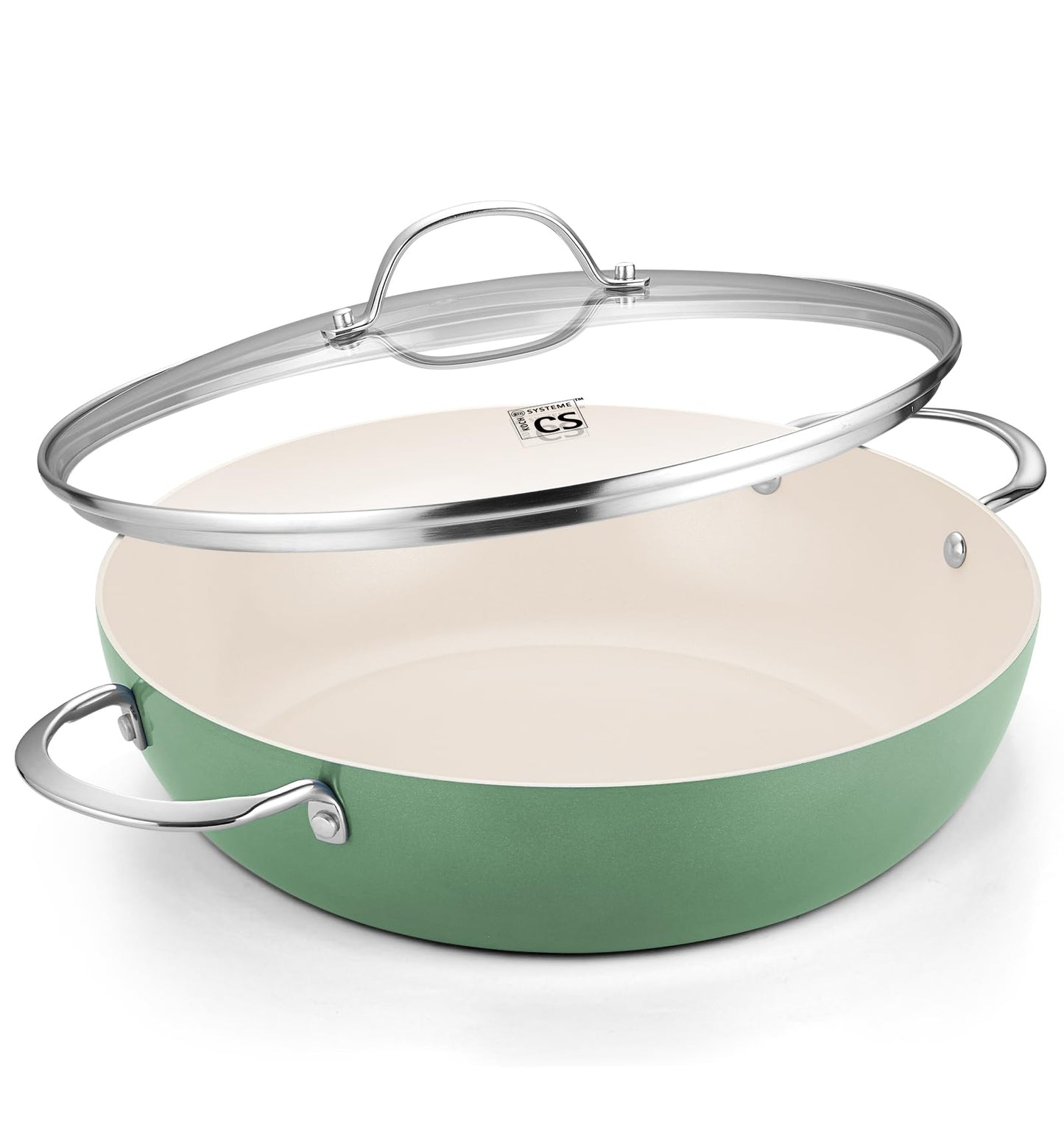 KOCH SYSTEME CS 12 Inch Nonstick Deep Frying Pan, Ceramic Saute Pan with Lid, Healthy Large Skillet, Cookware for All Stove, Induction Compatible, PFOA/PFAS/PTFE Free, Green