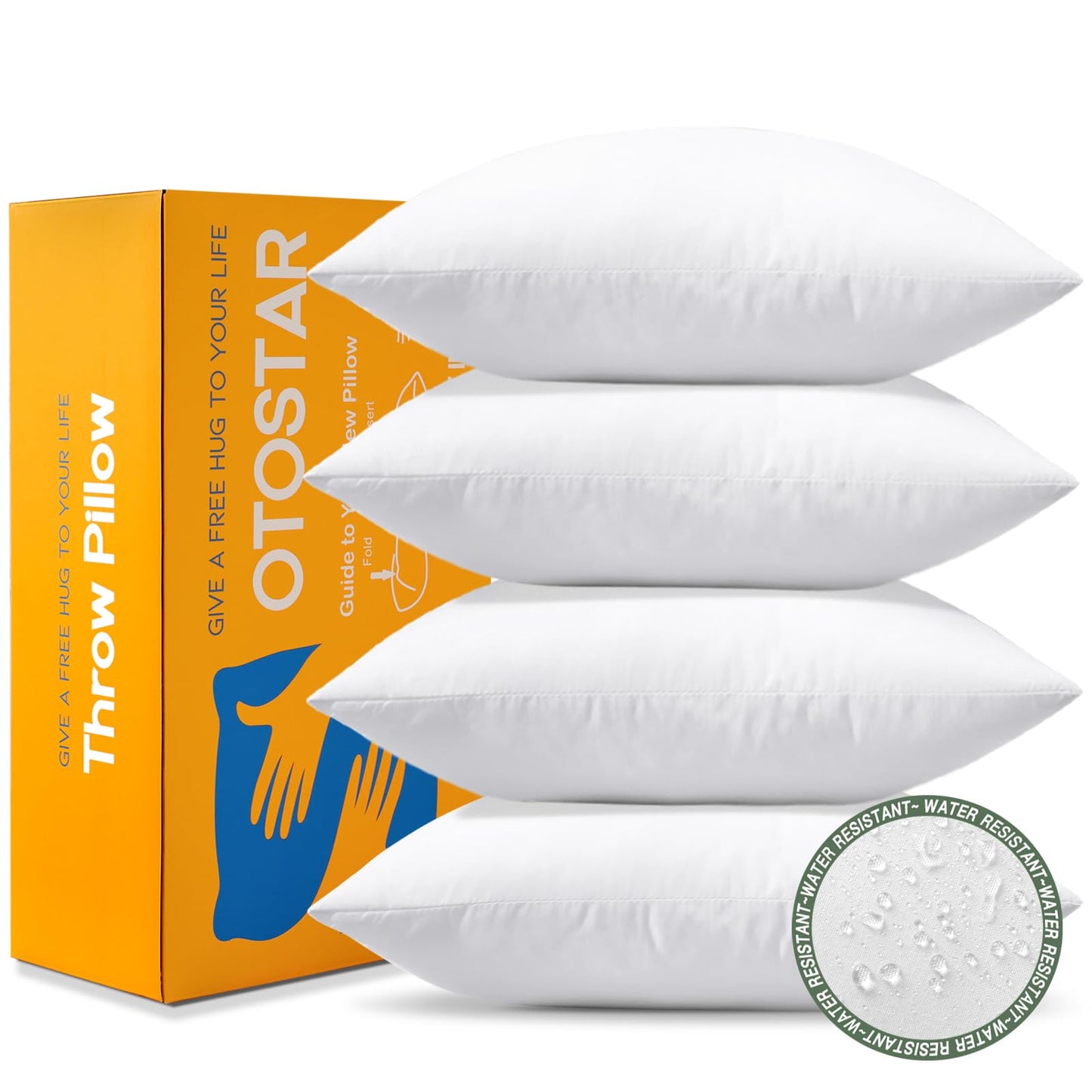OTOSTAR 4 Pack Premium Waterproof Pillows Inserts, 18 x 18 Outdoor Decorative Throw Pillow Inserts Soft Fluffy Plump Cushion Inserts for Patio Garden Bench Farmhouse Sofa Couch Bed, White