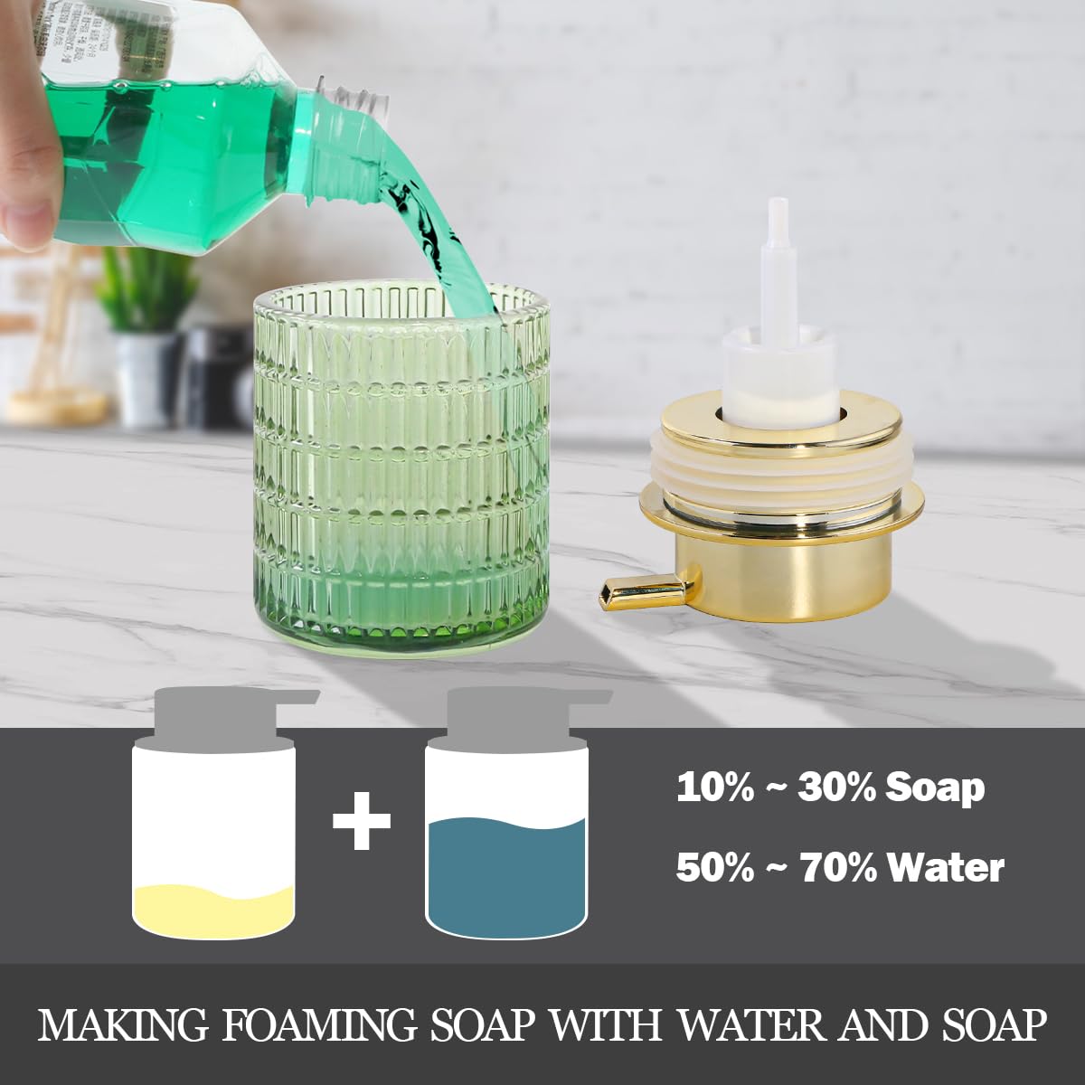 Tonxus Foaming Soap Dispenser,10 Oz Glass Foam Hand Soap Dispenser for Bathroom and Kitchen,Refillable Foaming Pump Bottle with Large Pump,Modern Striped Dish Soap Foam Dispenser (2, Green)