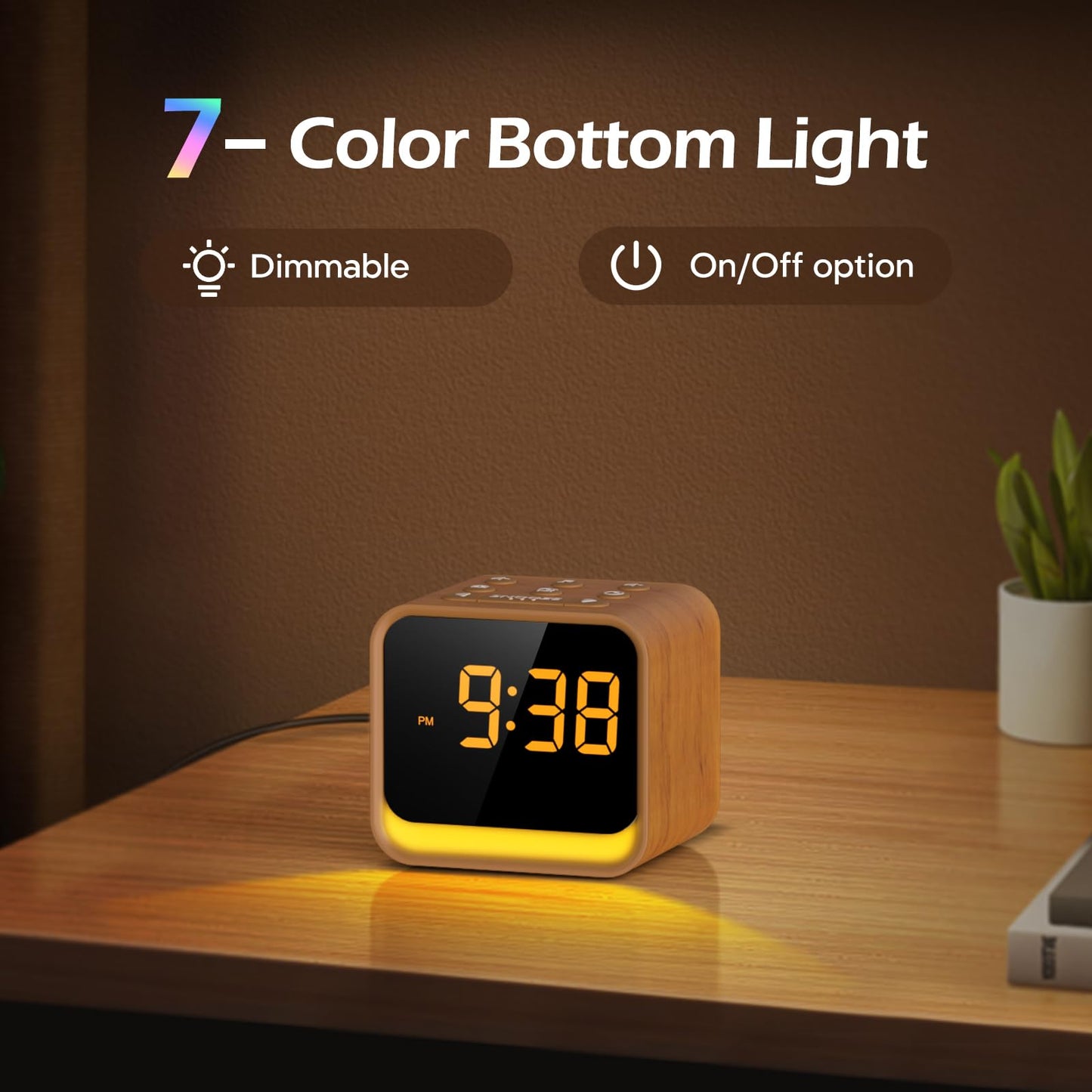 REACHER Digital Alarm Clock Radio for Bedrooms with Sleep Sound Machine, 7 Color Night Light, 0-100% Dimmer, Snooze, FM Radio with Auto-Off Timer for Bedside