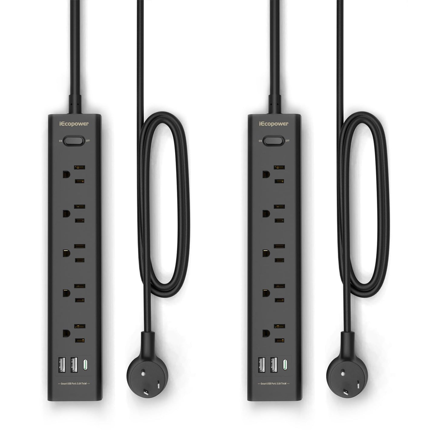 10FT Extension Cord Power Bar -Surge Protector Power bar with 5 Widely Outlets and 3 USB Ports(1 USB C Port),Flat Plug Extension Cord(1250W/10A),Wall Mount for Home Office,700 J(2 Pack)