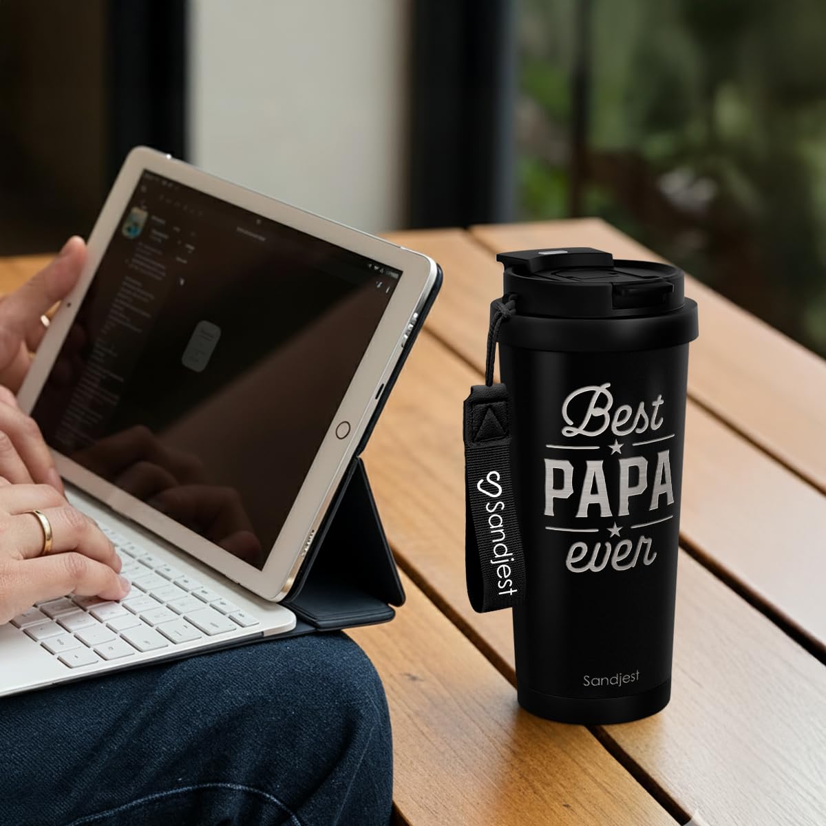 SANDJEST Dad Gift from Son Daughter, Stainless Steel 2-in-1 Lid Coffee Tumbler 18 oz, Best Papa Ever Insulated Travel Mug for Men Fathers Papa Daddy, Gift Idea for Birthday Christmas Fathers Day