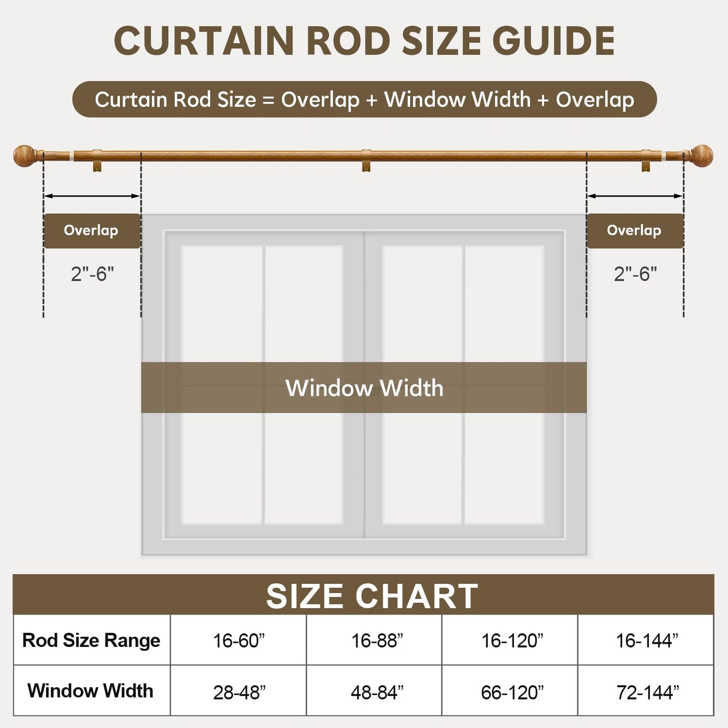 Boho Wood Curtain Rods for Windows 48 to 84 inch 1" Diameter Adjustable Heavy Duty Window Curtain Rod with Decorative Wooden Grain Finials Drapery Rods for Living Room Bedroom Kitchen Farmhouse