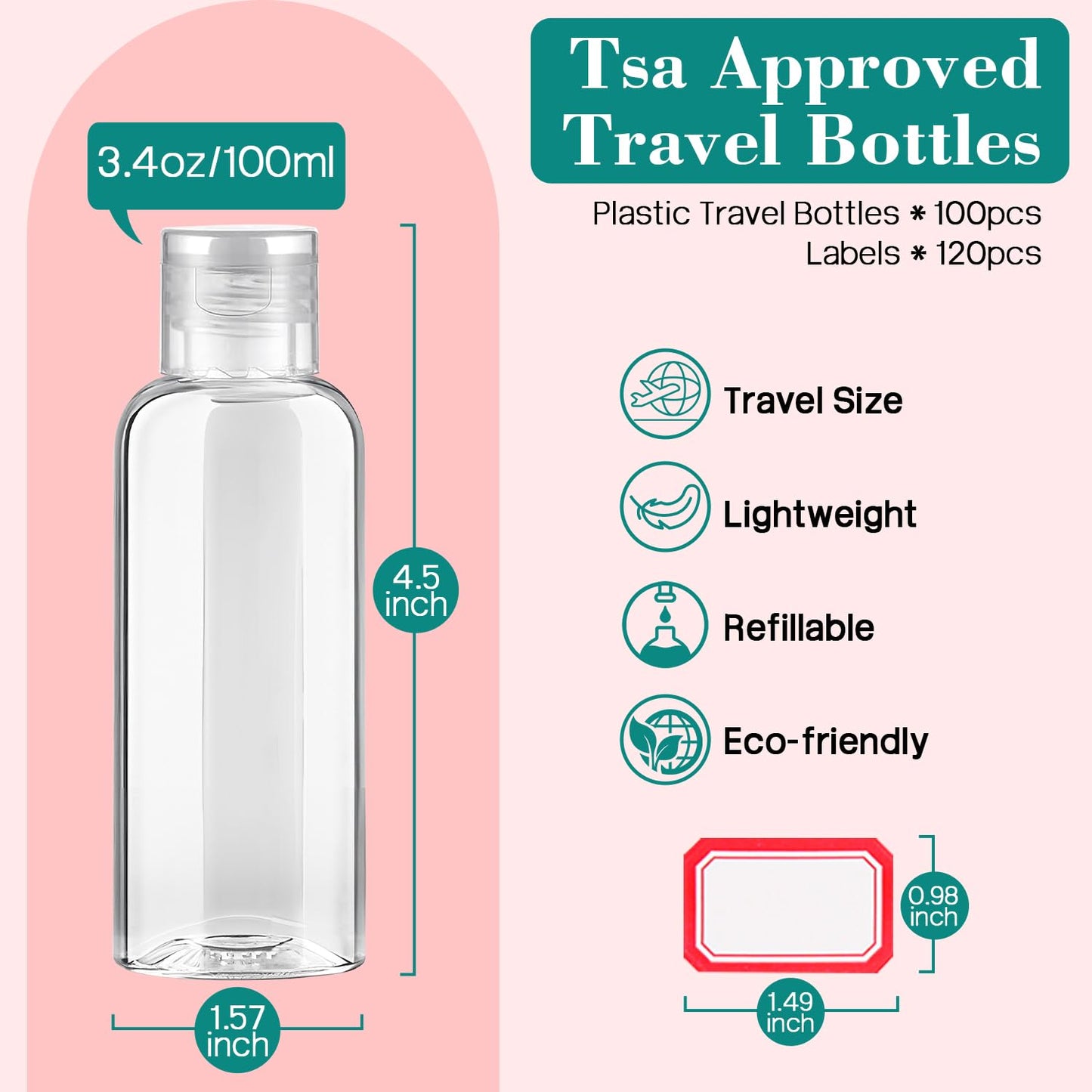 100pcs Empty 3.4 oz Travel Bottles with Flip Cap Tsa Approved Leakproof Plastic Squeeze Small Shampoo Bottles for Toiletries Liquids Travel Essentials Containers for Lotion, Party favors, Bulk Gifting