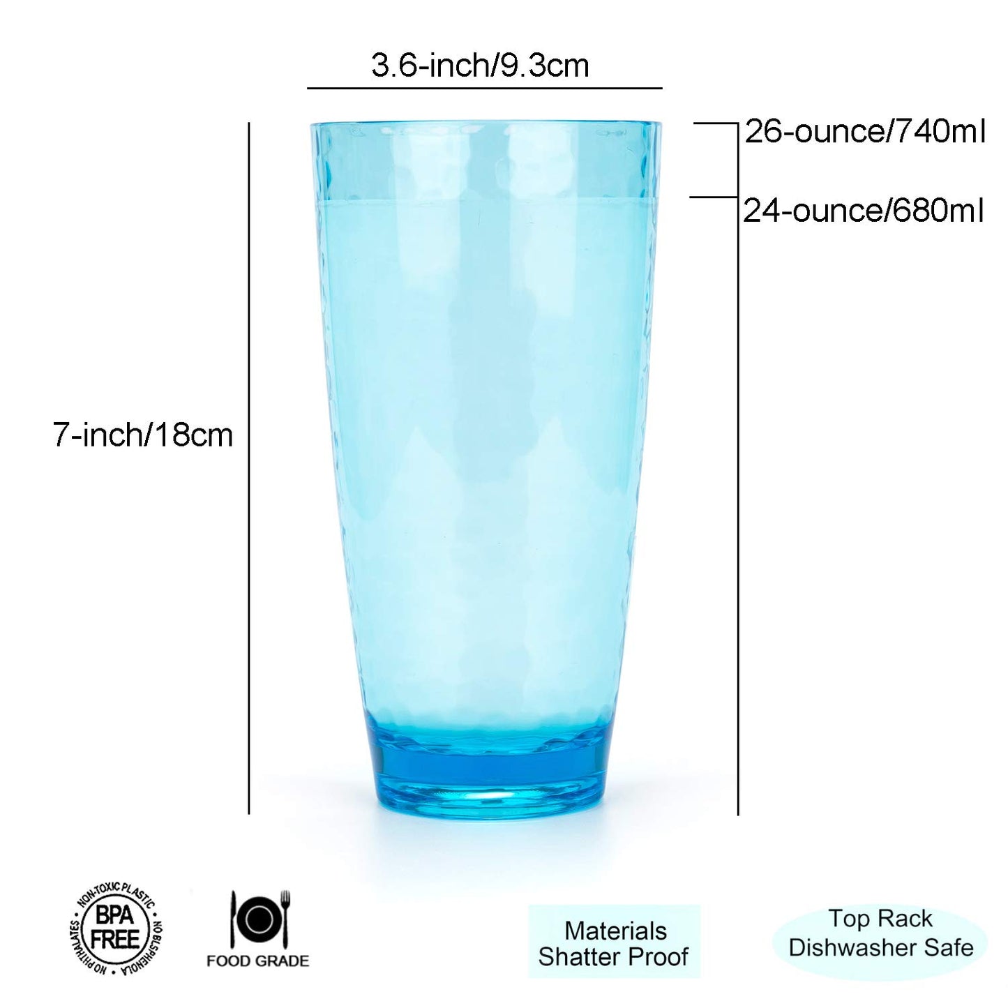 Set of 6 Hammered Style Drinking Cups 26-Ounce Large Acrylic Glasses Plastic Tumbler,BPA Free (Multi Color)