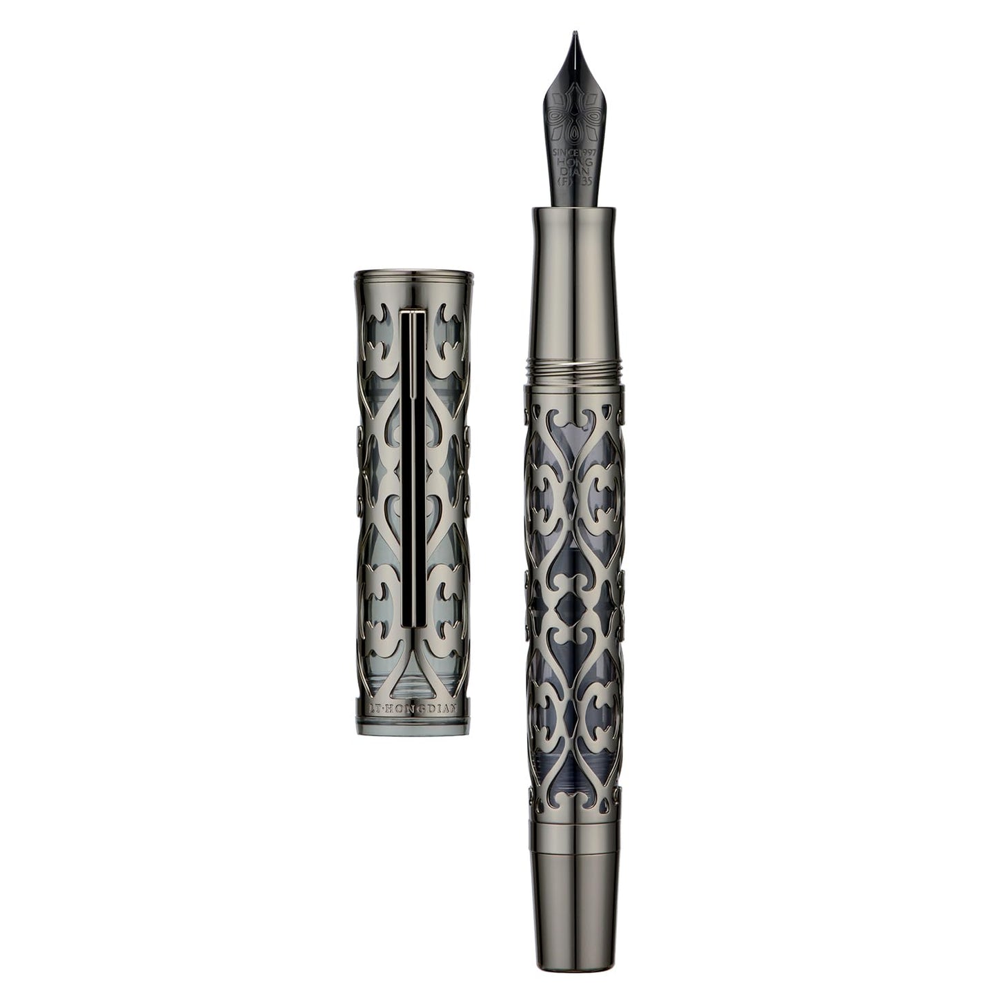 Hongdian D1 Piston Fountain Pen Fine Soft Nib, Jet Black Hollow Skeleton & Resin Pen with Metal Case Set