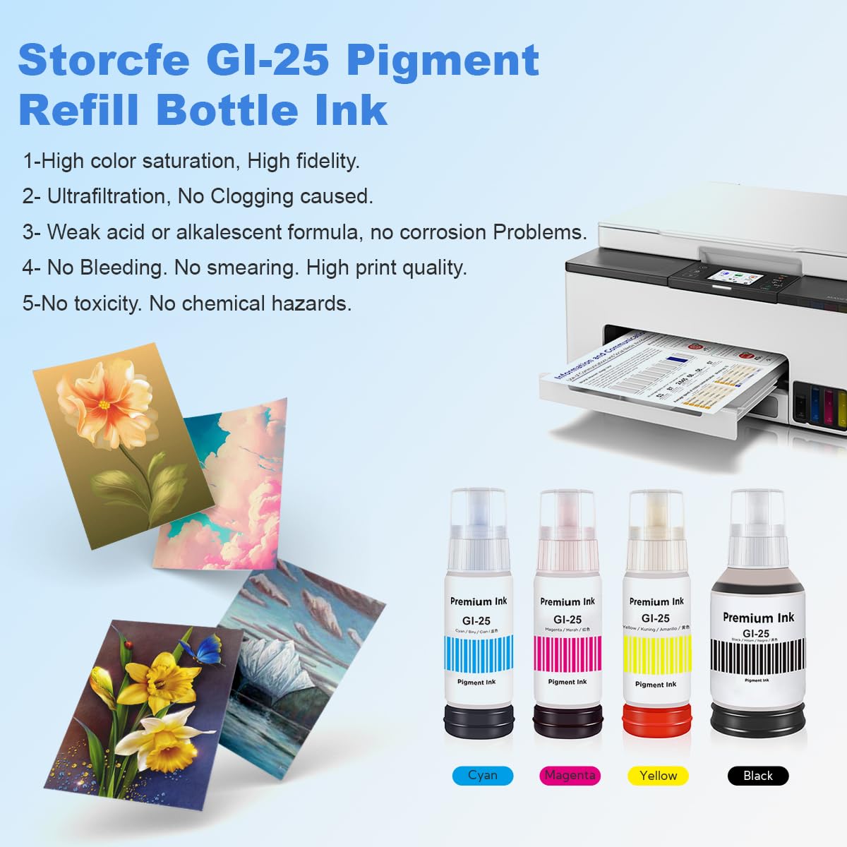 storcfe GI-25 Pigment Refill Bottle Ink Replacement for Canon 25 GI-25 GI25 Ink Work for Canon PIXMA MegaTank GX2020 GX1020 Printer (Black 135ml, CMY 70ml, 4-Pack)