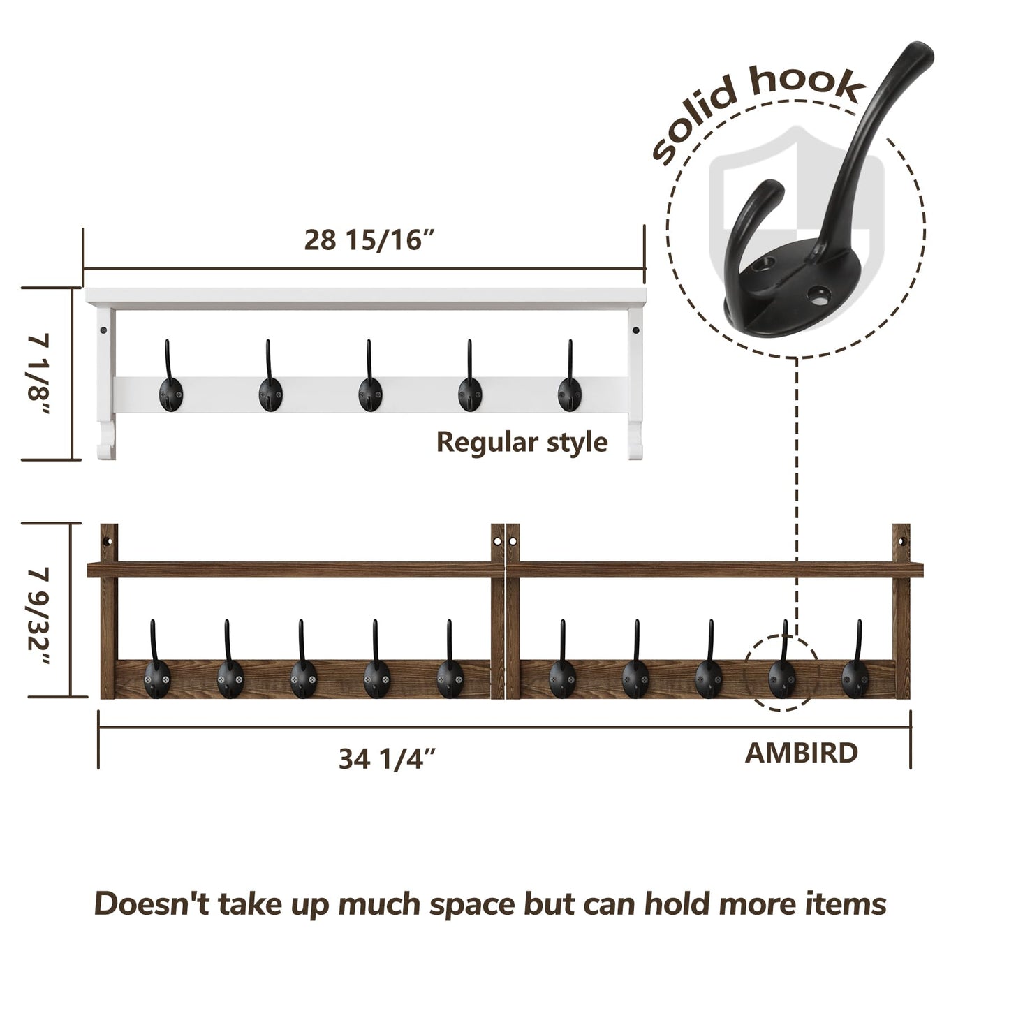 AMBIRD 34.2inch Wooden Extra-Long Wall Hook Rack with Shelf - Versatile and Decorative Wall-Mounted Storage - 10 Hooks for Hanging Coats, Hats, Scarves - Ideal for Entryways, Bedrooms, Closets