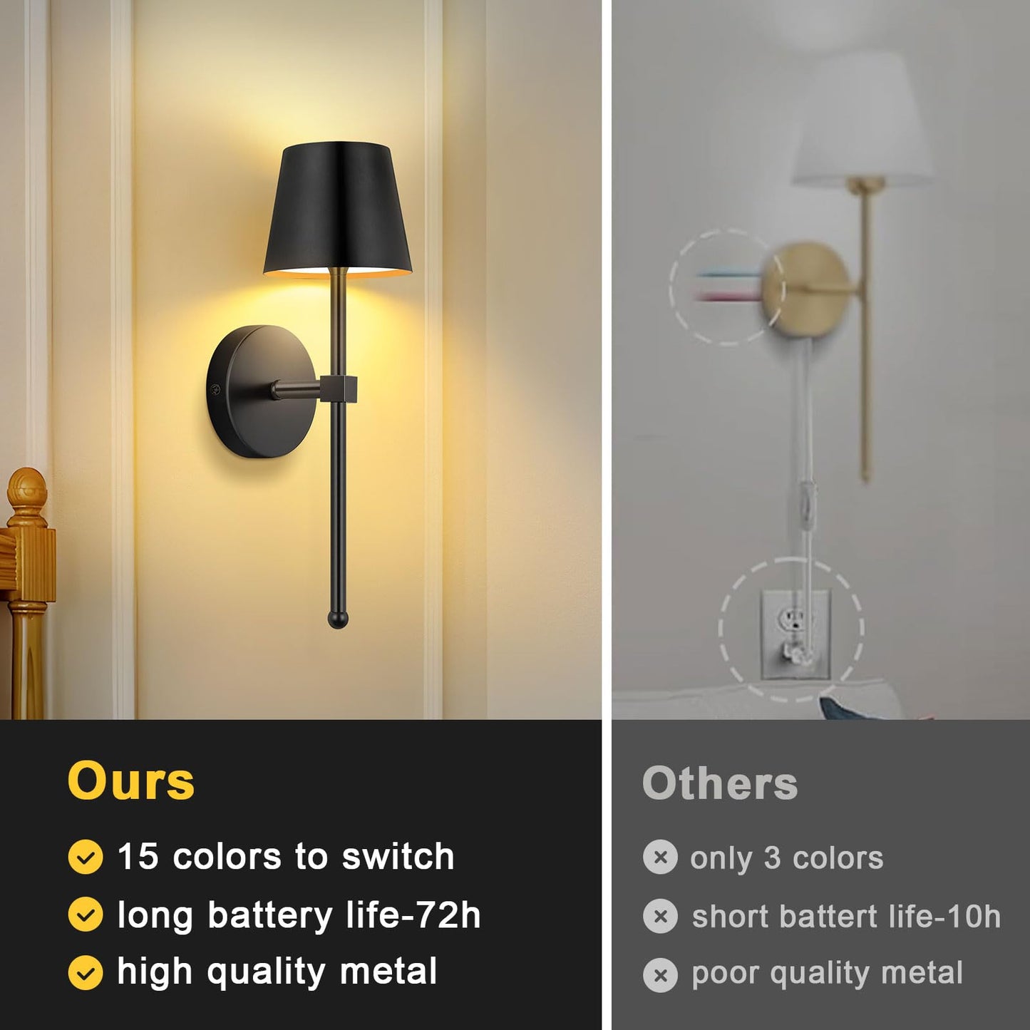 Lightess Battery Operated Wall Lights, 5200mAh Rechargeable Wall Sconces Set of Two with Remote Control, 15 Colors RGB Indoor Dimmable Wireless Wall Lamp for Living Room, Hallway, Bedroom, Black
