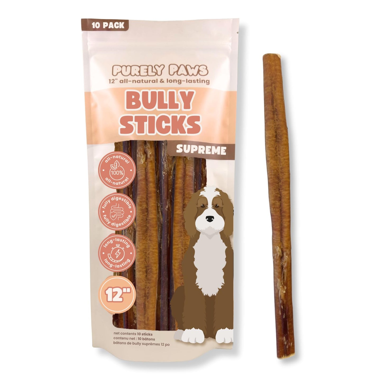 Purely Paws Bully Sticks Supreme for Large Dogs – Extra Thick, Long-Lasting Dog Chews for Aggressive Chewers – 100% Beef, Rawhide-Free & Low Odor – Canadian Company (12", 10 Count)