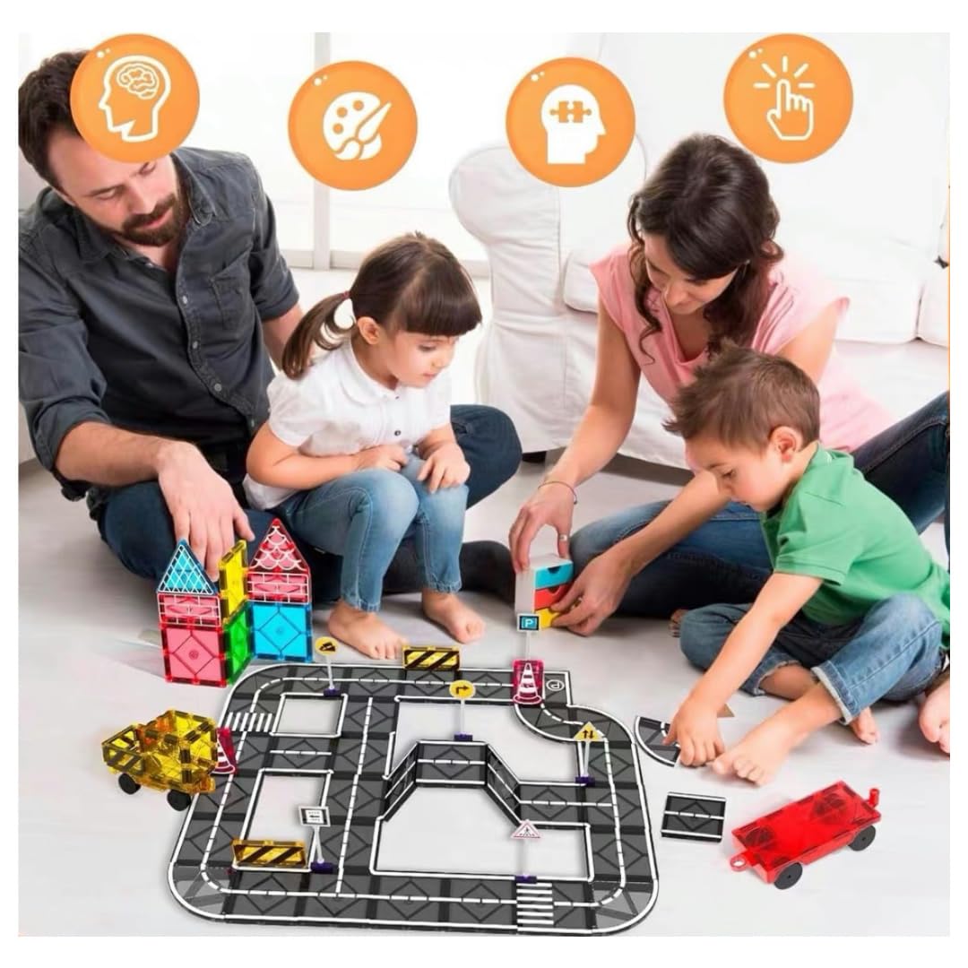 Magnetic Tiles Road Set for Kids, 41 PCS Magnetic Building Blocks with Car Toys, Construction Magnetic Blocks Toys, Boys Gifts