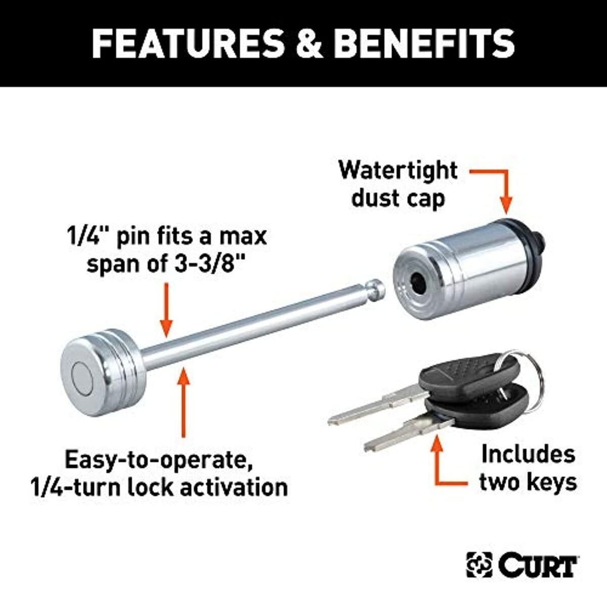 CURT 23523 Chrome Trailer Tongue Coupler Lock, 1/4-Inch Pin Diameter, Up to 3-3/8-Inch Span