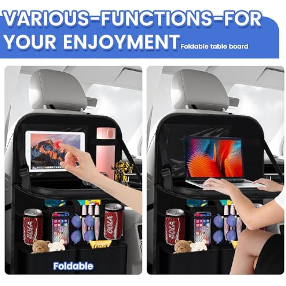2 Pack Car Back Seat Organizer with Tablet Holder, Multi-Storage Pockets, Foldable Table Board, Black Travel Accessory for Electronics, Toys, Drinks
